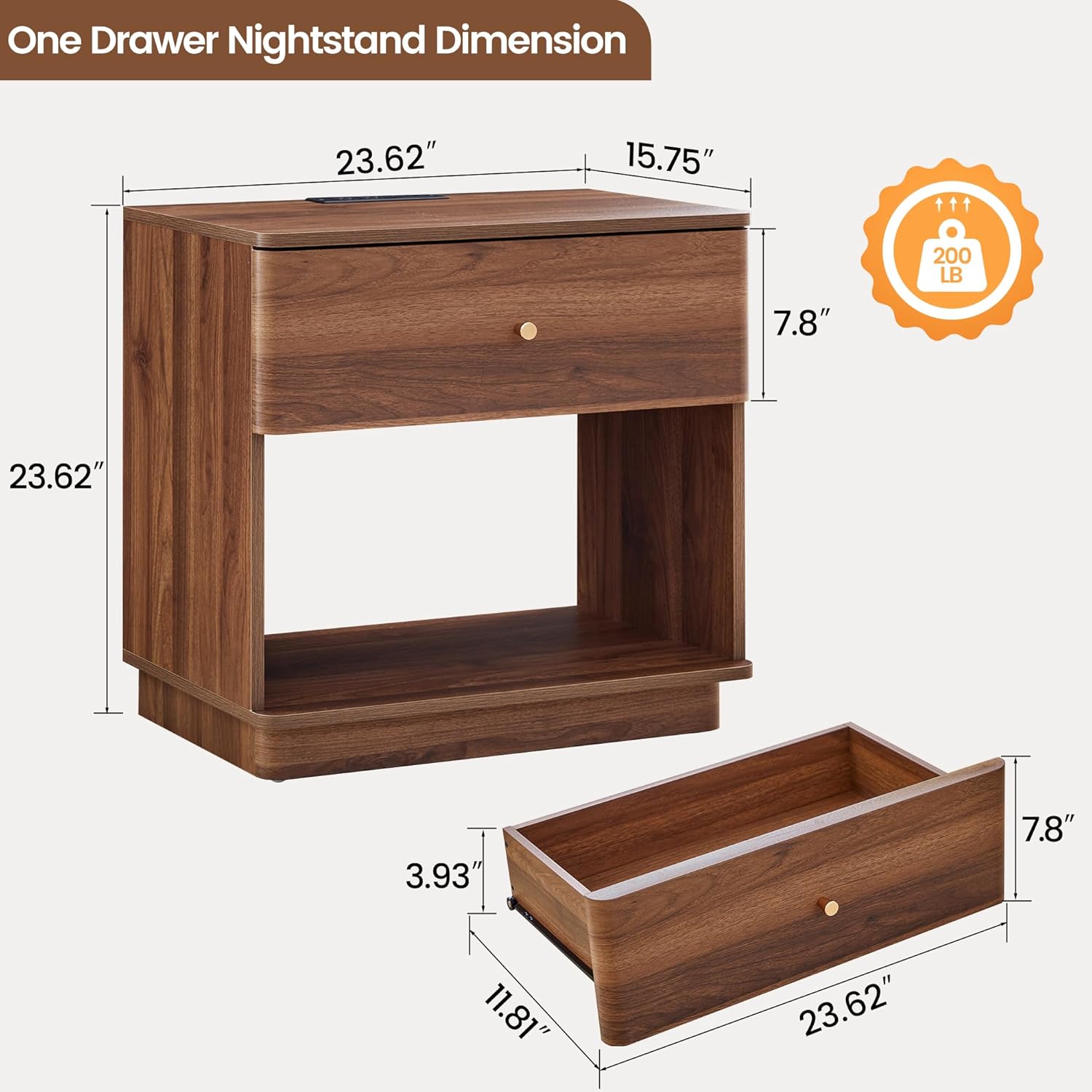 Nightstand with Charging Station for Bedroom, Modern Night Stand Bedside Table with Drawer and Storage Shelf (Walnut-1 pc)