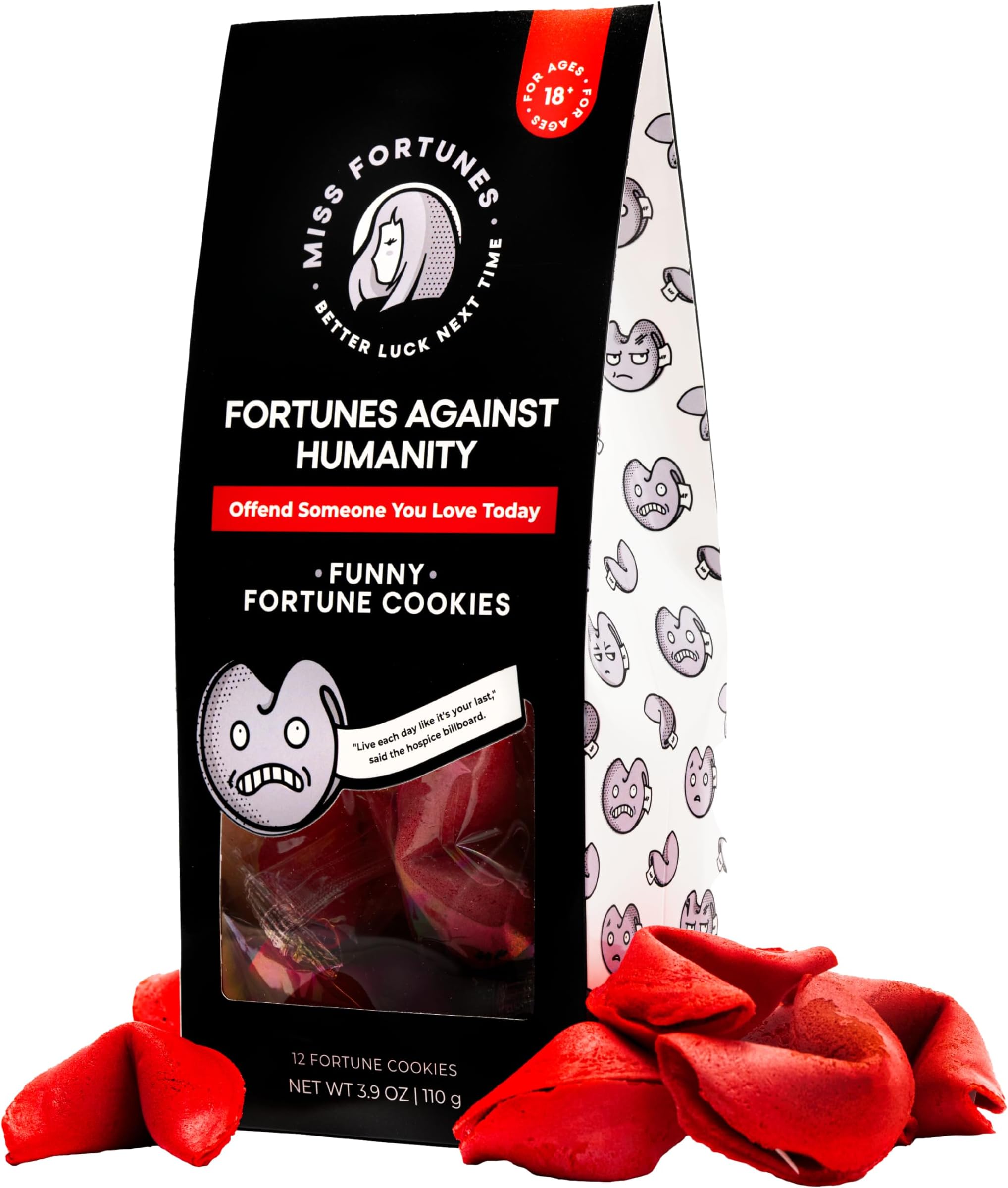 Miss Fortunes, Funny Fortune Cookies, Fortunes Against Humanity, Offend Someone You Love Today! Adult Party Idea with Dark Humor (Bag of 12 Individually Wrapped Cookies)