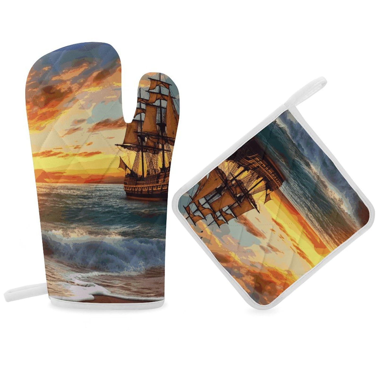 Pirate Ship in The Sunset Oven Mitt Thick Substantial Heat Insulation Gloves Soft Skin-Friendly Temperature Resistant Oven Mitts for Cooking Lover Cooks