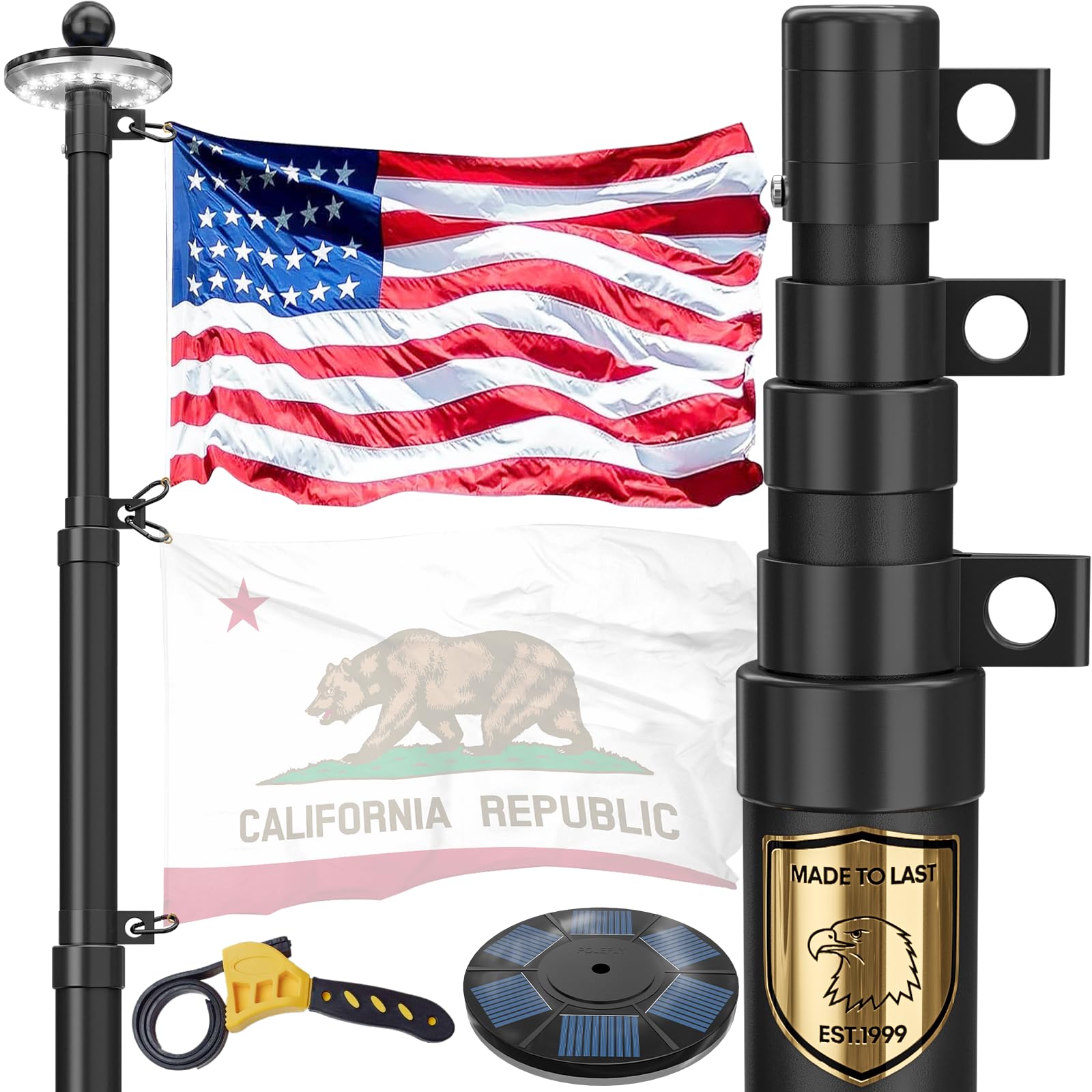 Photo 1 of 11 Gauge Telescoping Flag Pole for Outside House with Solar Light, 20 FT Heavy Duty 45K PSI & 95 HBW Hard Aerospace Aluminum Flagpole Kit, 120MPH Wind Unbending Telescopic Outdoor In-Ground Flag Poles