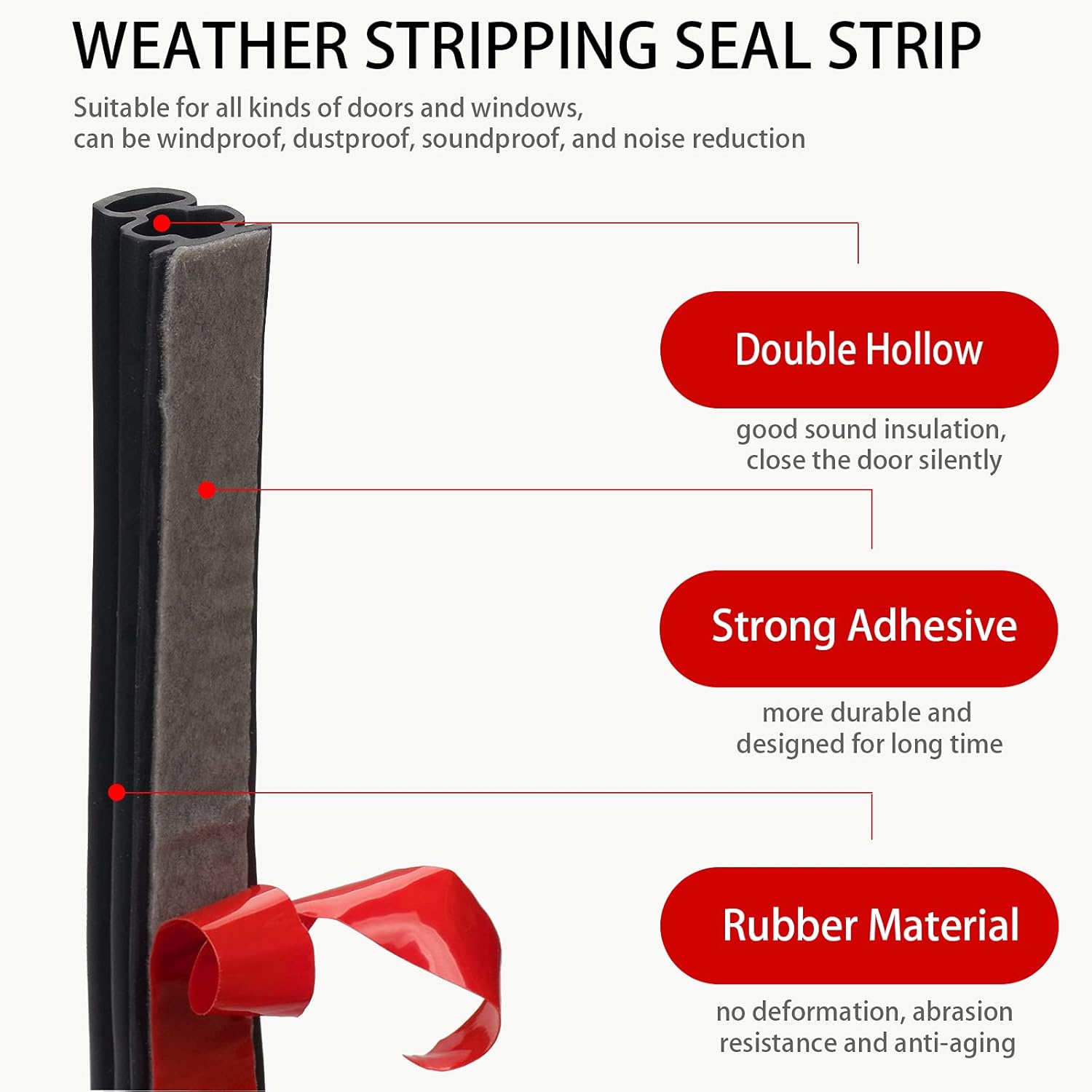 19.68 Feet Weather Stripping Doors Seal Strip to Prevent The Discharge of Cold Air, Self-Adhesive Backing Seals Large Gap(from 1/5 inch to 38/100 inch) Soundproofing Seal Strip - - 