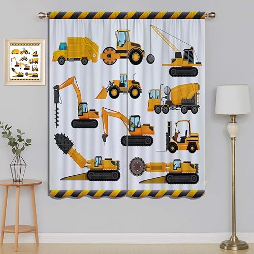 Cortinas opacas de construcción para niños y niñas, decoración de oscurecimiento de habitación, bulldozer de dibujos animados amarillos, tractor,