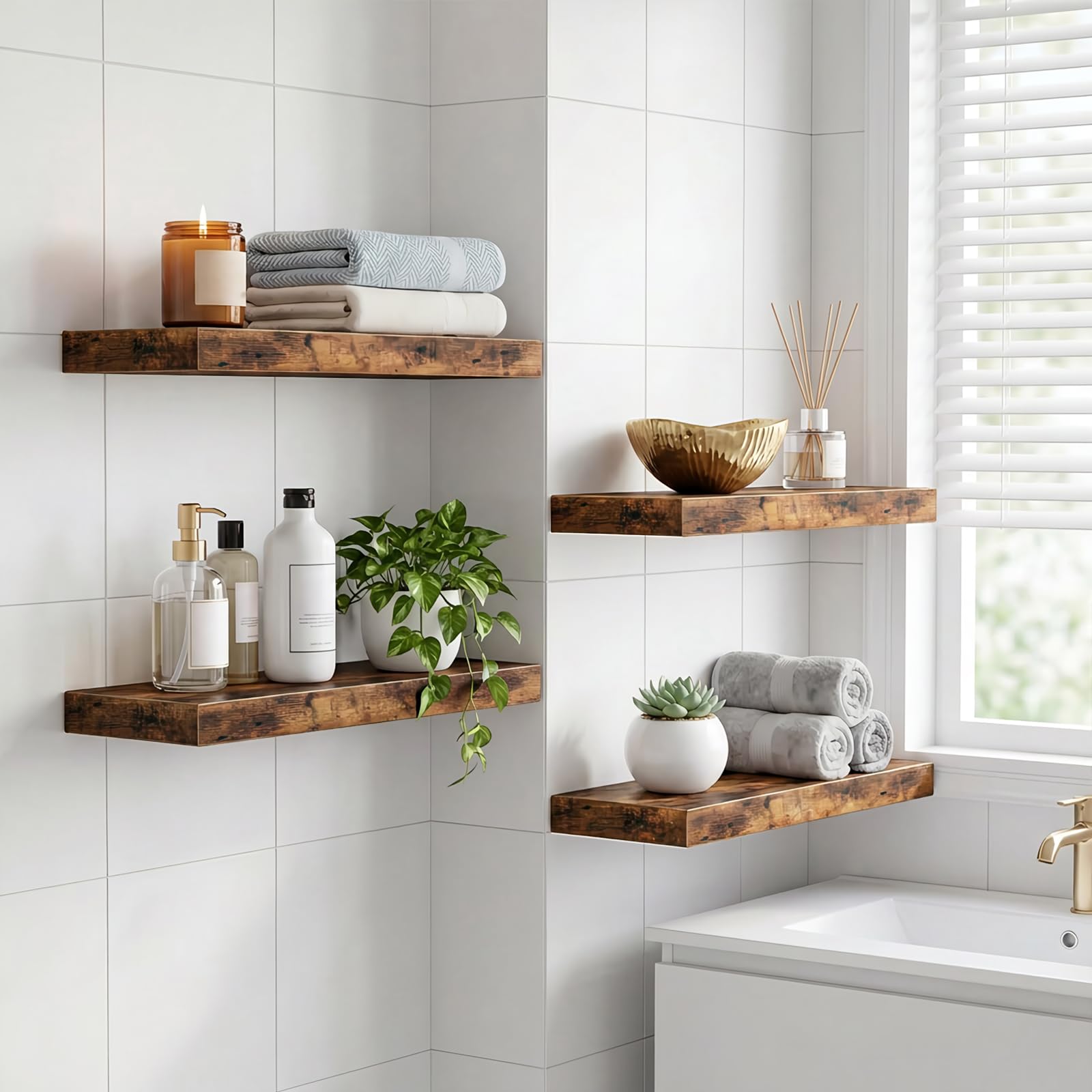 Fixwal Estantes flotantes de 15.8 pulgadas, juego de 4 estantes de pared con acabado de madera rústica para decoración de pared, con soportes invisibles para baño, sala de estar, dormitorio y cocina