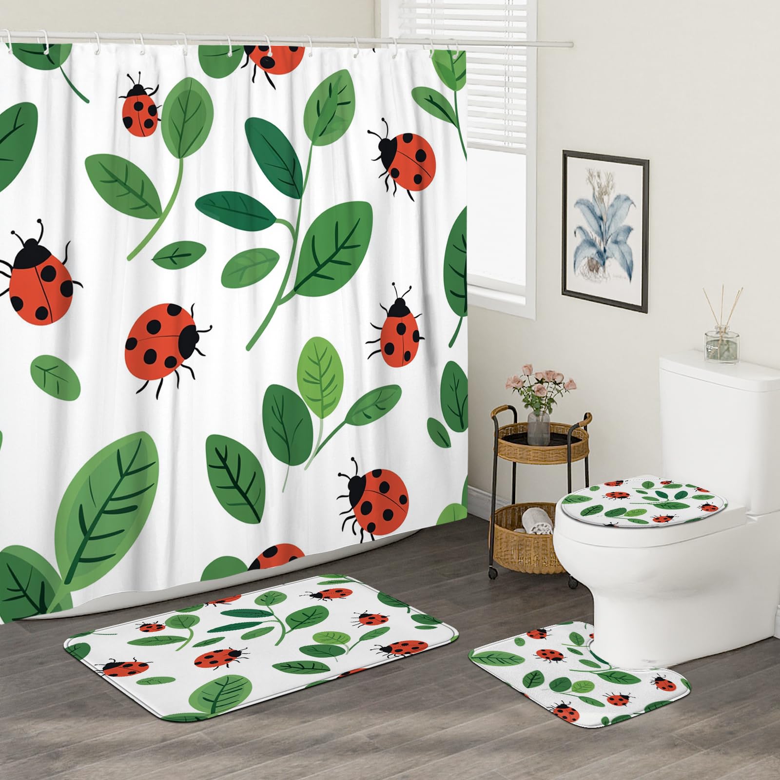 DESIHOM 4PCS Cartoon Kids Ladybug Shower Curtain 72''x72'' with Hooks, Bathroom Accessory Sets with Bath Mat, U Shape and Toilet Lid Cover Mat, Spring Fun Insect Home Fabric Decor
