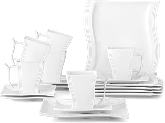 MALACASA, Series Flora, 18-Piece Dinner Set Wave Shaped Ivory White Porcelain Coffee Set with 6-Piece Cups/Saucers/Dessert Plates, Service for 6
