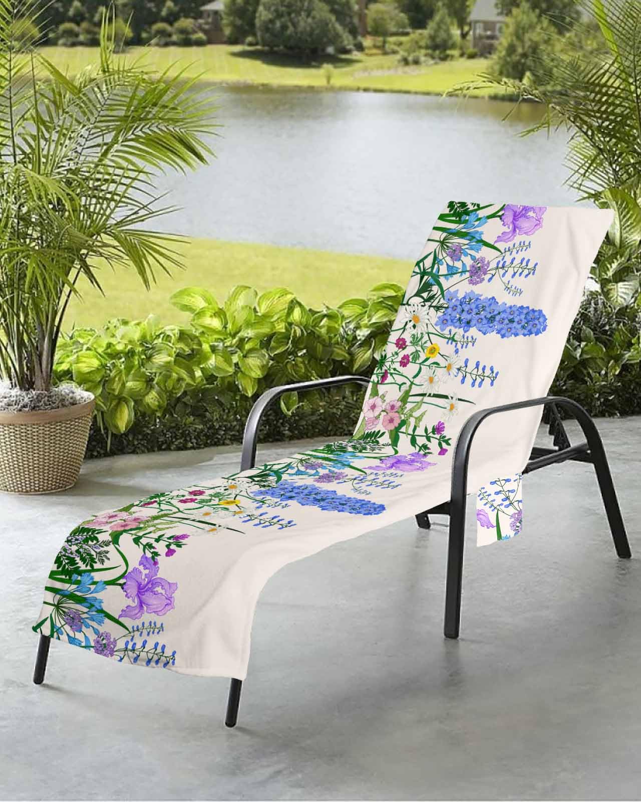 Spring Plants Beach Chair Towel Covers for Chaise Lounge with Side Pocket, Soft Plush Pool Towels Cover for Patio Sunbathing Outdoor 29''x85'' Country French Flowers Herbs Botanical Floral