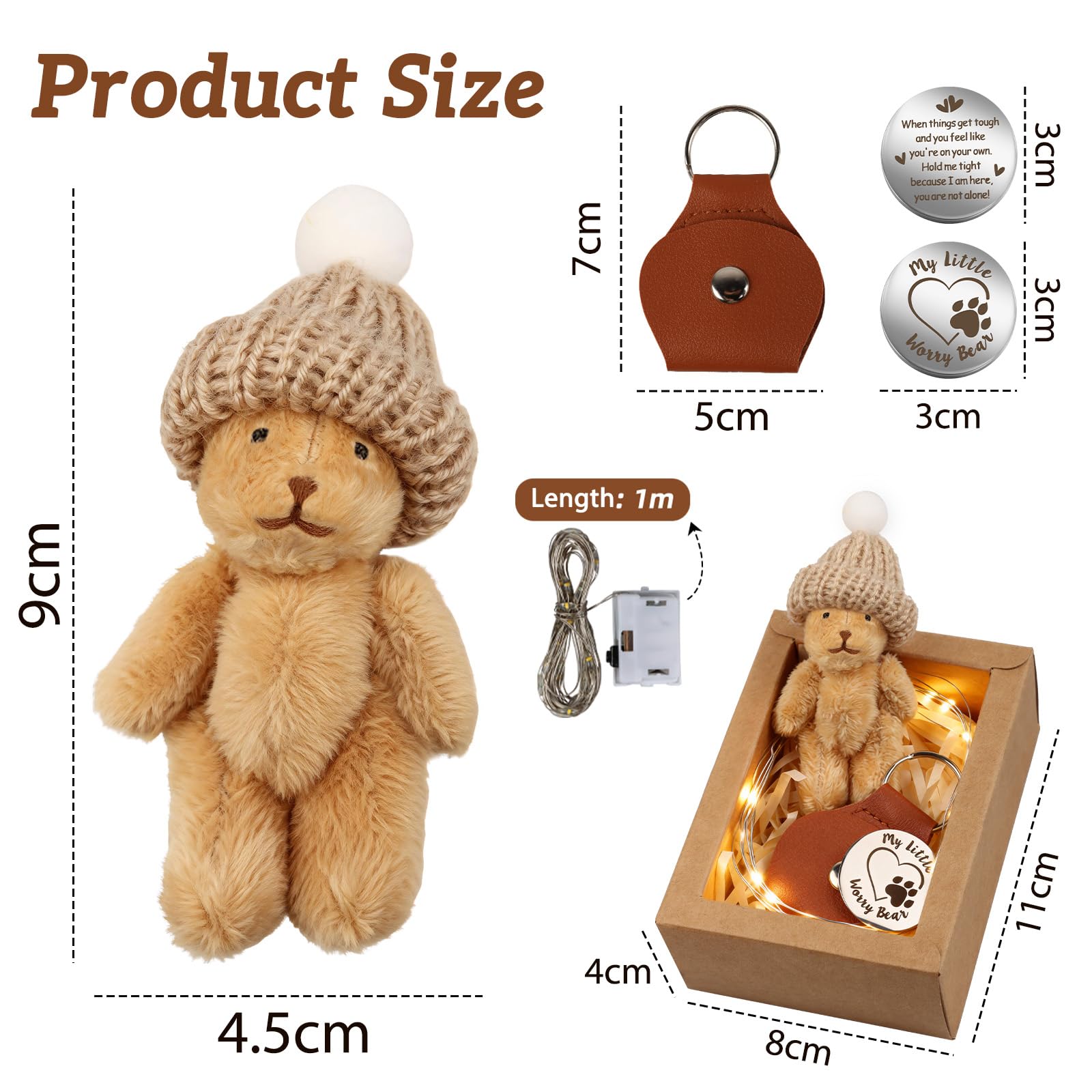 TUZELIYA Handmade Mini Worry Plush Bear in Box with Hat, Positive Little Plush Bear Set including LED Light Keychain Raffia - Image 2