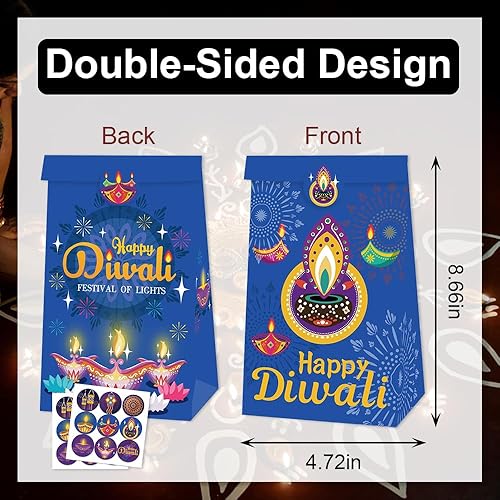 Miniatura 2 de Paquete de 12 bolsas de regalo con palabras de Diwali con calcomanías, bolsas de regalo para fiestas de festival de luces, bolsas de regalo de