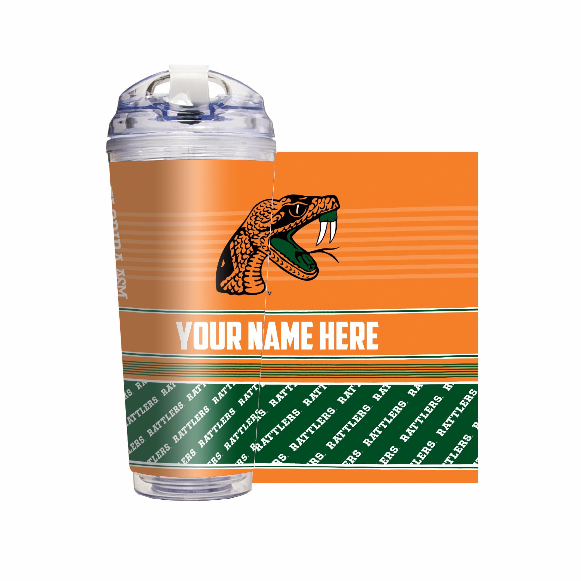 Rico Industries NCAA Florida A&M Rattlers - FAMU Standard 24oz Personalized Tumbler W/Hinged Lid - Team Colored Travel Tumbler - Keeps Drinks Cold or Hot