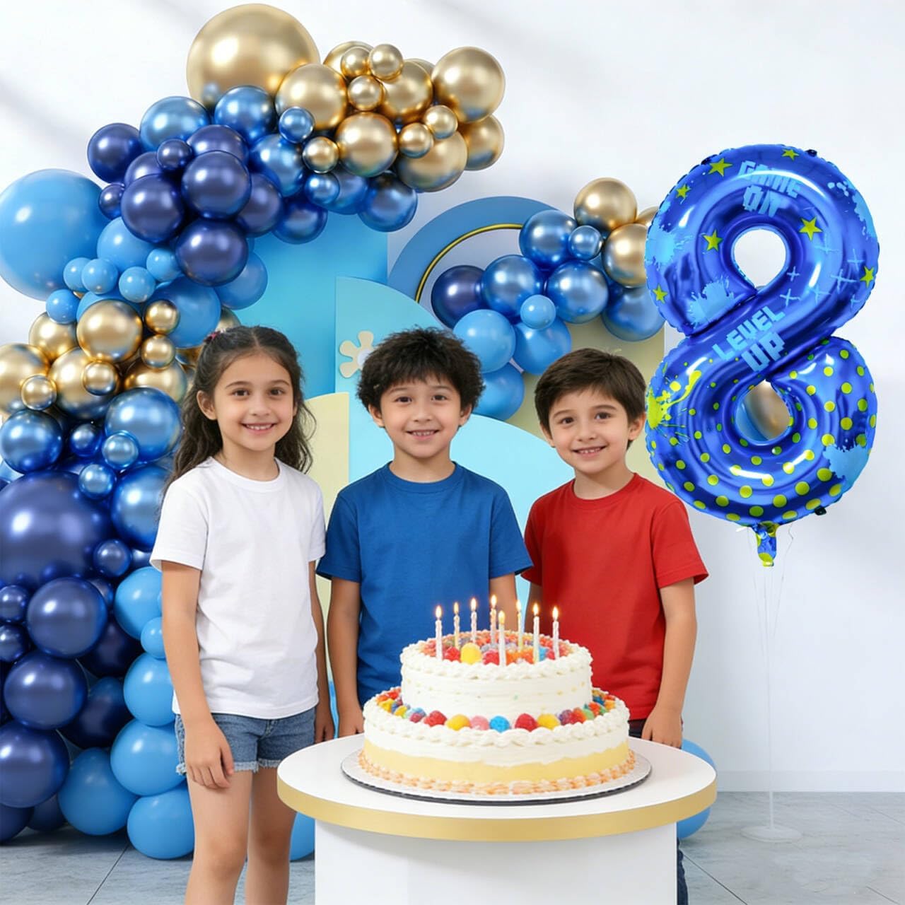 Video Game Birthday Party Decorations, 40inch Blue Video Game Number 8 Foil Balloon for Level Up Games Themed Birthday Party Supplies (8)