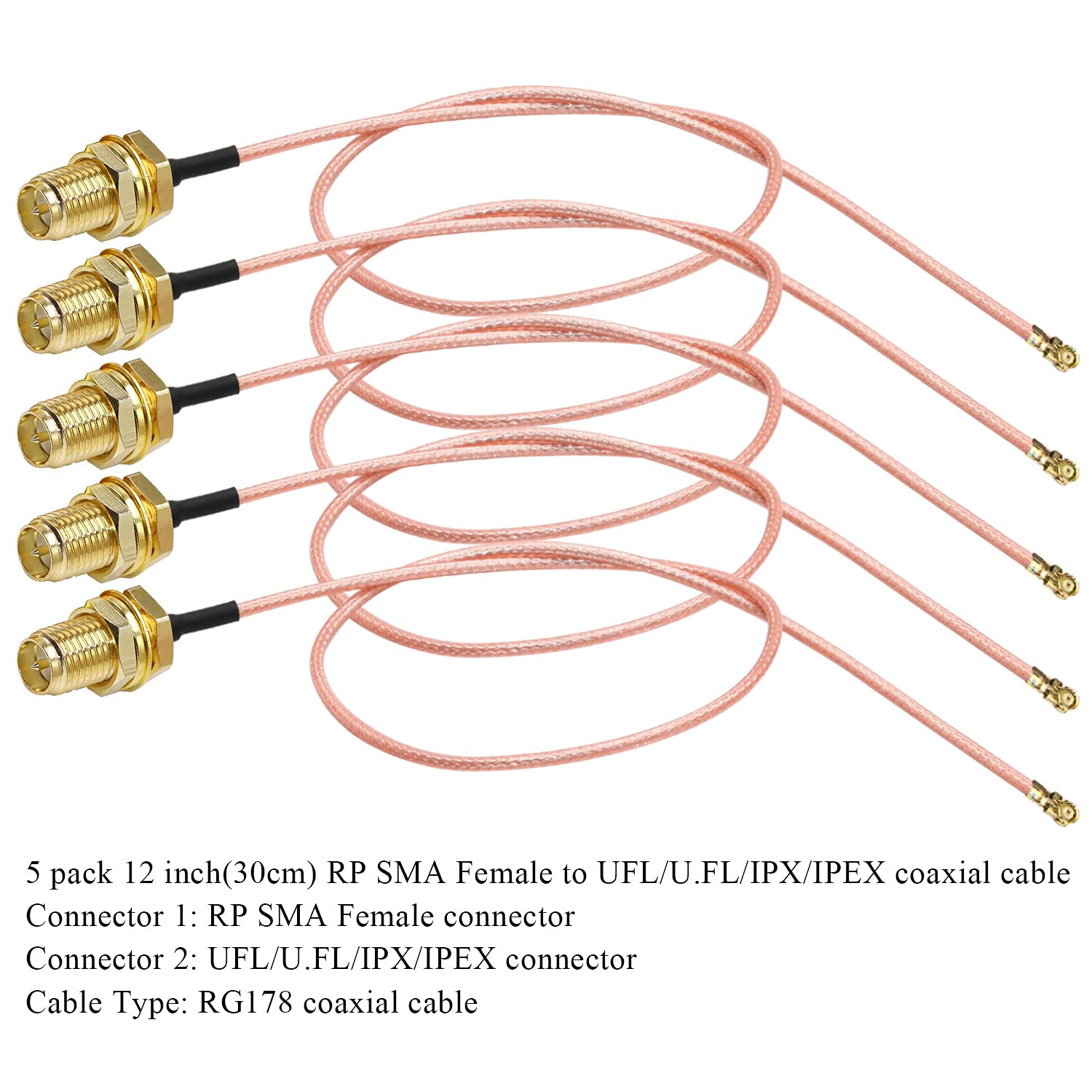 TUOLNK Câble coaxial RP-SMA vers IPX UFL U.FL MHF1 vers RPSMA Câble coaxial femelle en queue de cochon pour routeur Wifi Mini câble d'antenne d'extension PCI 12 pouces (30 cm) 5 pcs