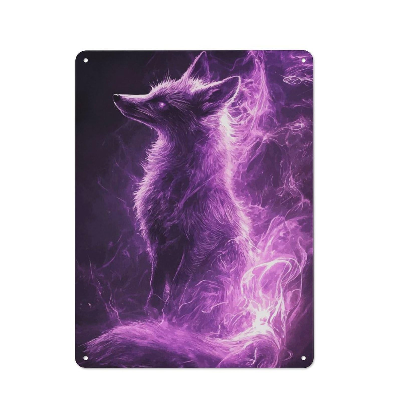 Tin Wall Plaque 40x30cm with Purple Fire Fox for Hallway Wall, Suited to Hallway Decor Lovers, for Retro Home Interiors