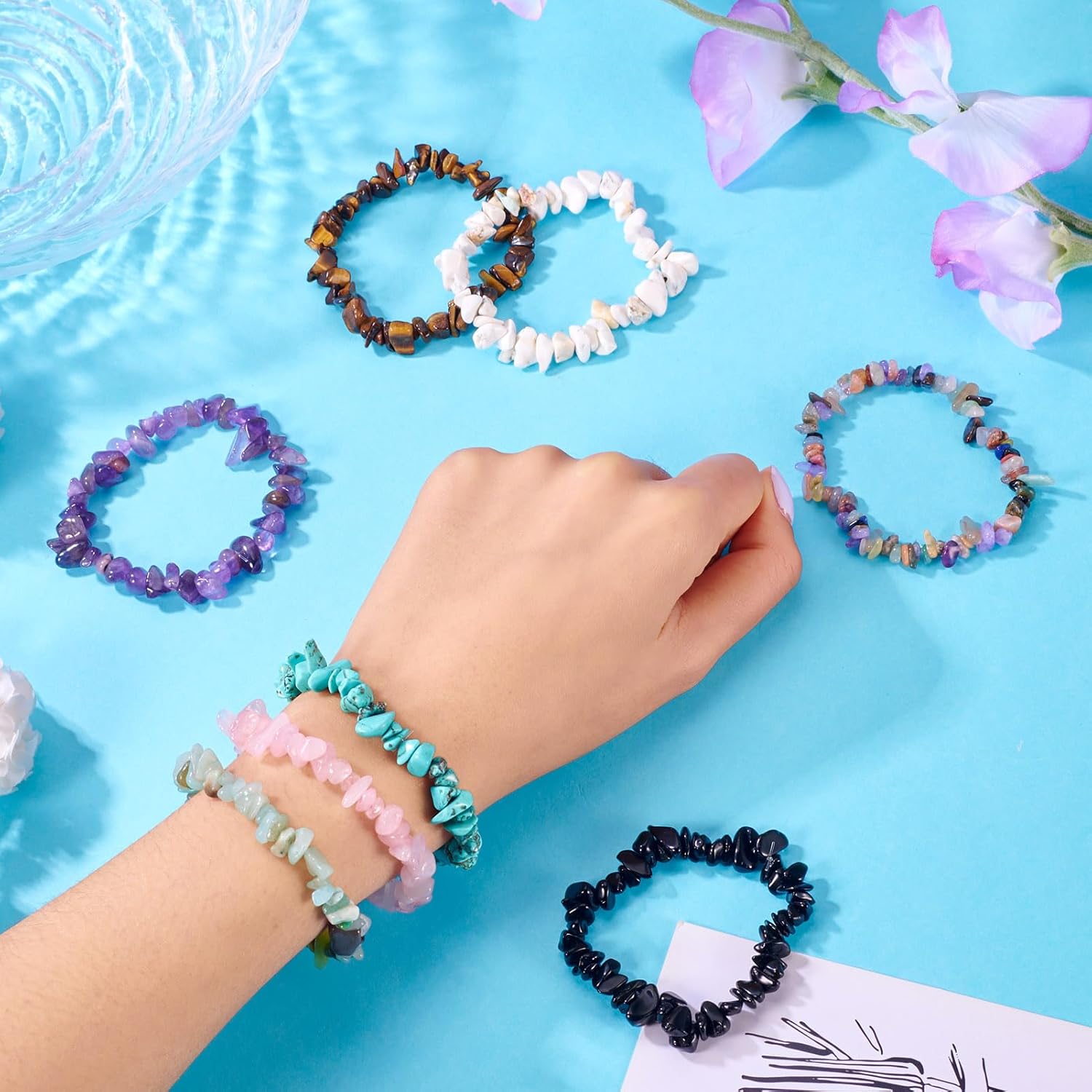 8Pcs Natural Gemstone Chips Stretch Bracelets Healing Chakra Quartz Crystal Beaded Bracelet Bulk Mixed Color Irregular Stone Friendship Bracelets for Women Men Couples Gifts - Image 6