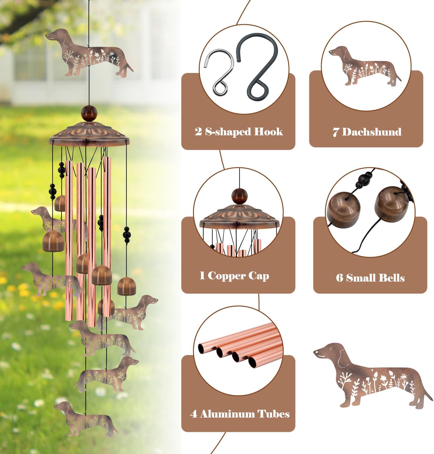 Dachshund Wind Chimes for Outside, Metal Wiener Dog Gifts for Women/Men, Doxie Mom Birthday Memorial Windchimes Outdoors, Funny Dog Lover Garden Decor for Patio Yard, Durable Pet Loss Sympathy Gift
