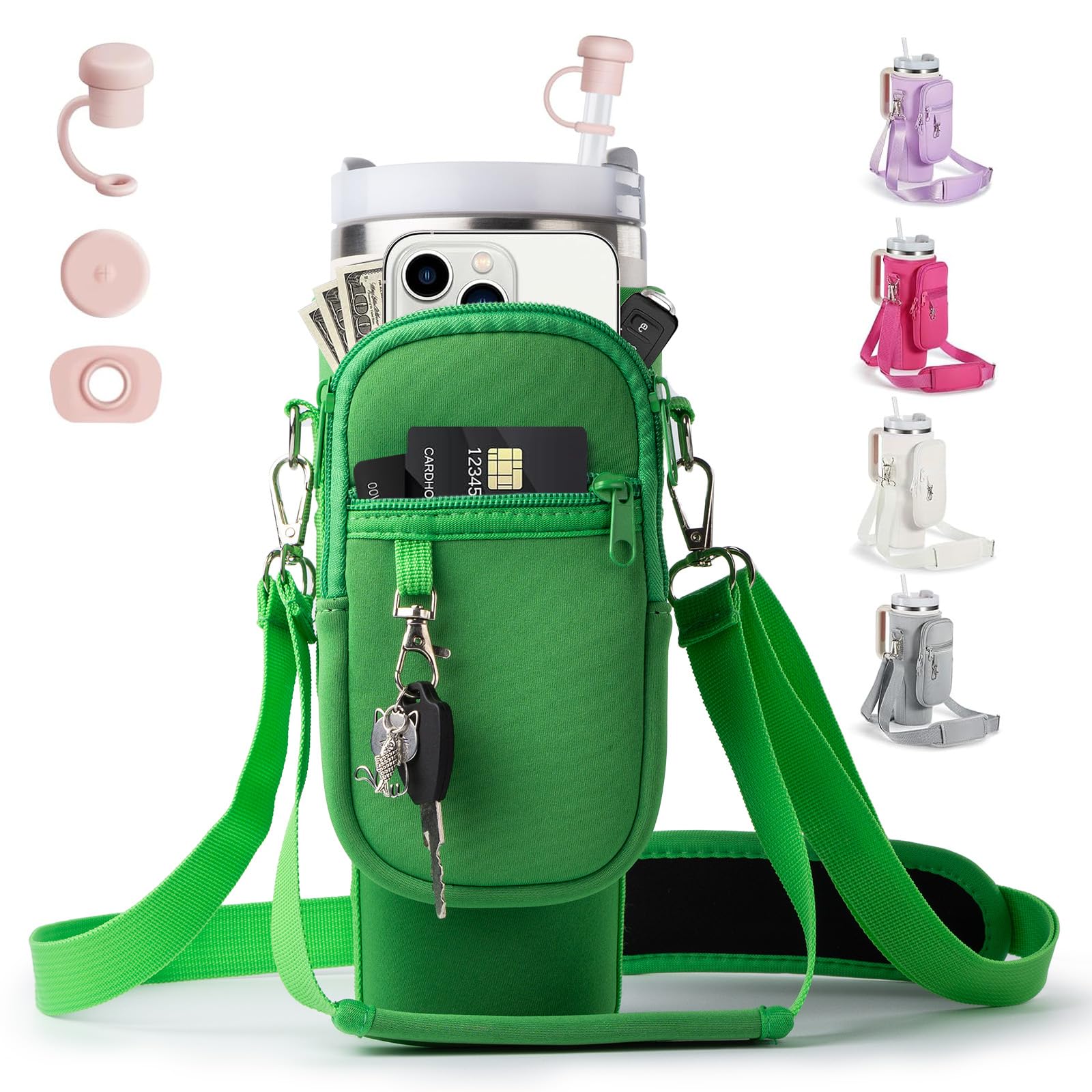 Water Bottle Carrier Bag with Phone Pocket for Stanley 40/30 oz Tumbler Neoprene Water Bottle Holder Pouch with 2 Adjustable Strap & 3 Leak Stoppers for Stanley Cup Accessories