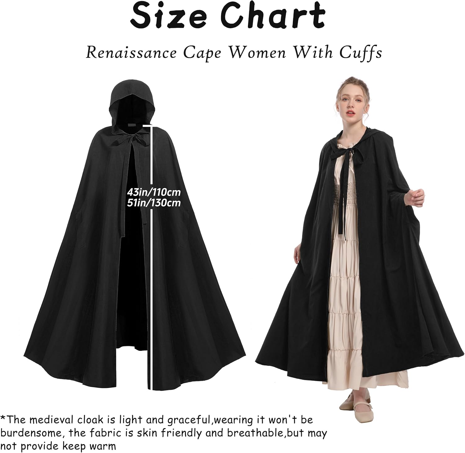 Women Renaissance Cloak with Arm Holes,Medieval Cloak with Hood,Adult Hobbit Cape Halloween - Image 7