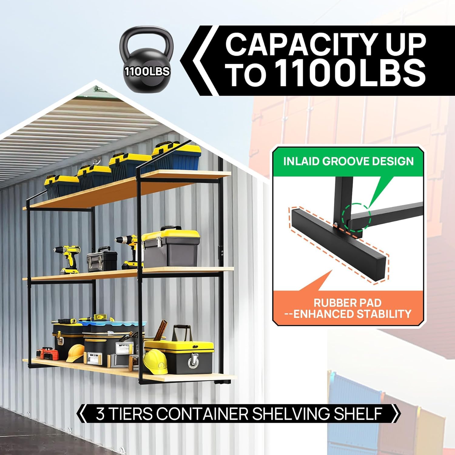 Sidasu 4 Pack Shipping Container Shelving Shelf Capacity up to 1100 lbs, 3 Tiers Shipping Container Hanging Bracket Shelf Rack Shipping Container Accessories for Cargo Storage