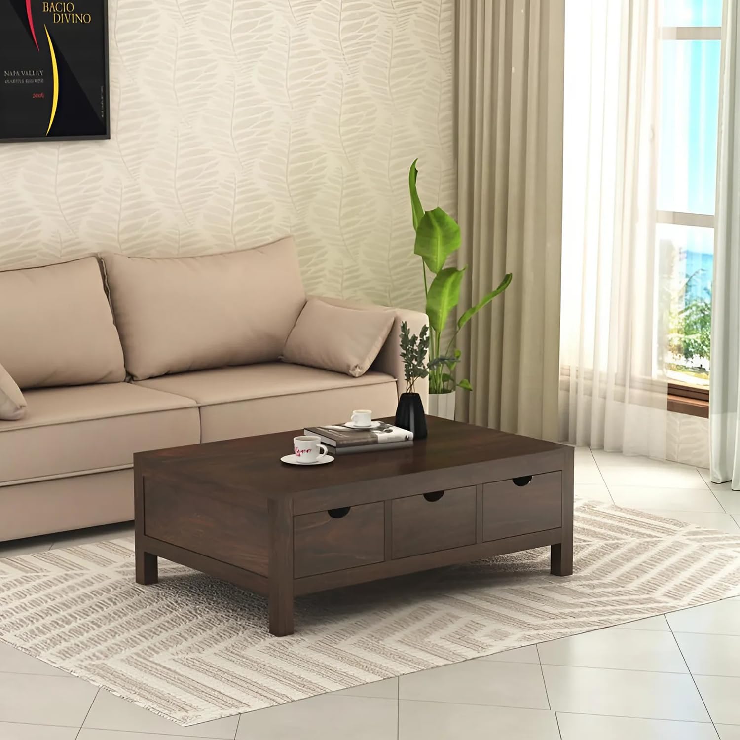 MAMTA DECORATION Solid Sheesham Wood Center Coffee Table with 3 Drawers Storage | Multipurpose Wooden Teapoy Furniture for Living Room, Hall, Office, Hotels, Lobby and Home (Walnut Finish)