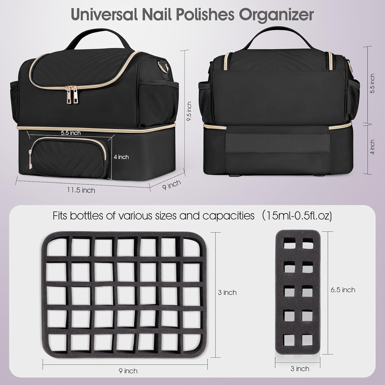 Nail Polish Bag Organizer Case Double Layer Nail Kit Storage Bag Fits 45+ Bottles(15ml/0.5fl.oz) and Nail Supplies Nail Travel Carrying Case for Nail Tech and Nail Lover.