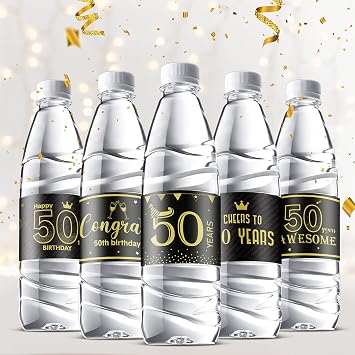 Tenare 39 Pcs Happy 50th Birthday Party Decorations Labels, Black and Gold Water Bottle Labels, Celebrate 50th Birthday Stickers for Congrats Wedding Anniversary Party Decor Supplies