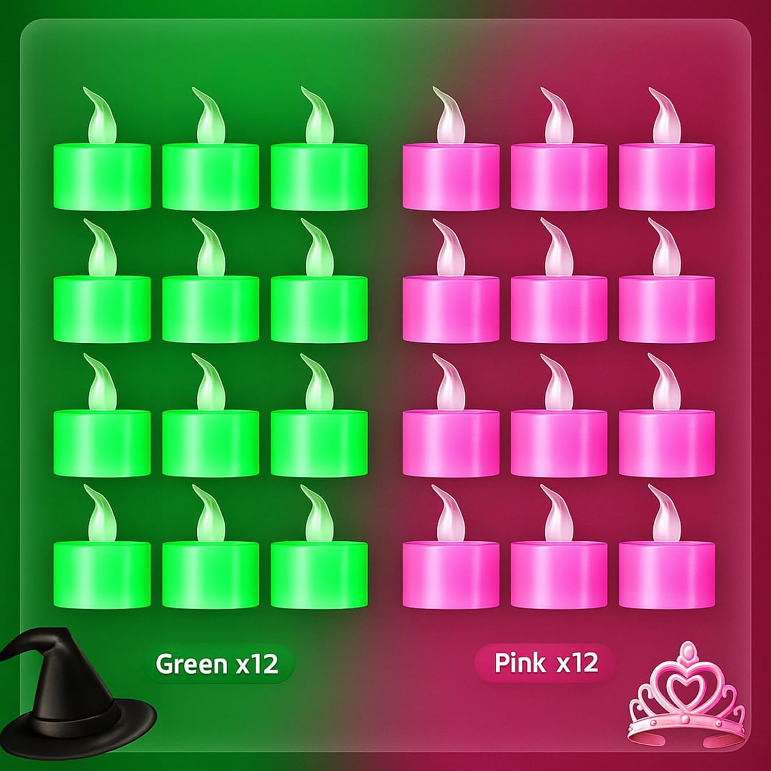 Nuanchu 24 Pack Princess and Witch Party LED Tea Lights Candles Pink and Green Flameless Flickering LED Tealights Battery Operated Faux Candles for Witch Princess Birthday Halloween Party Decorations