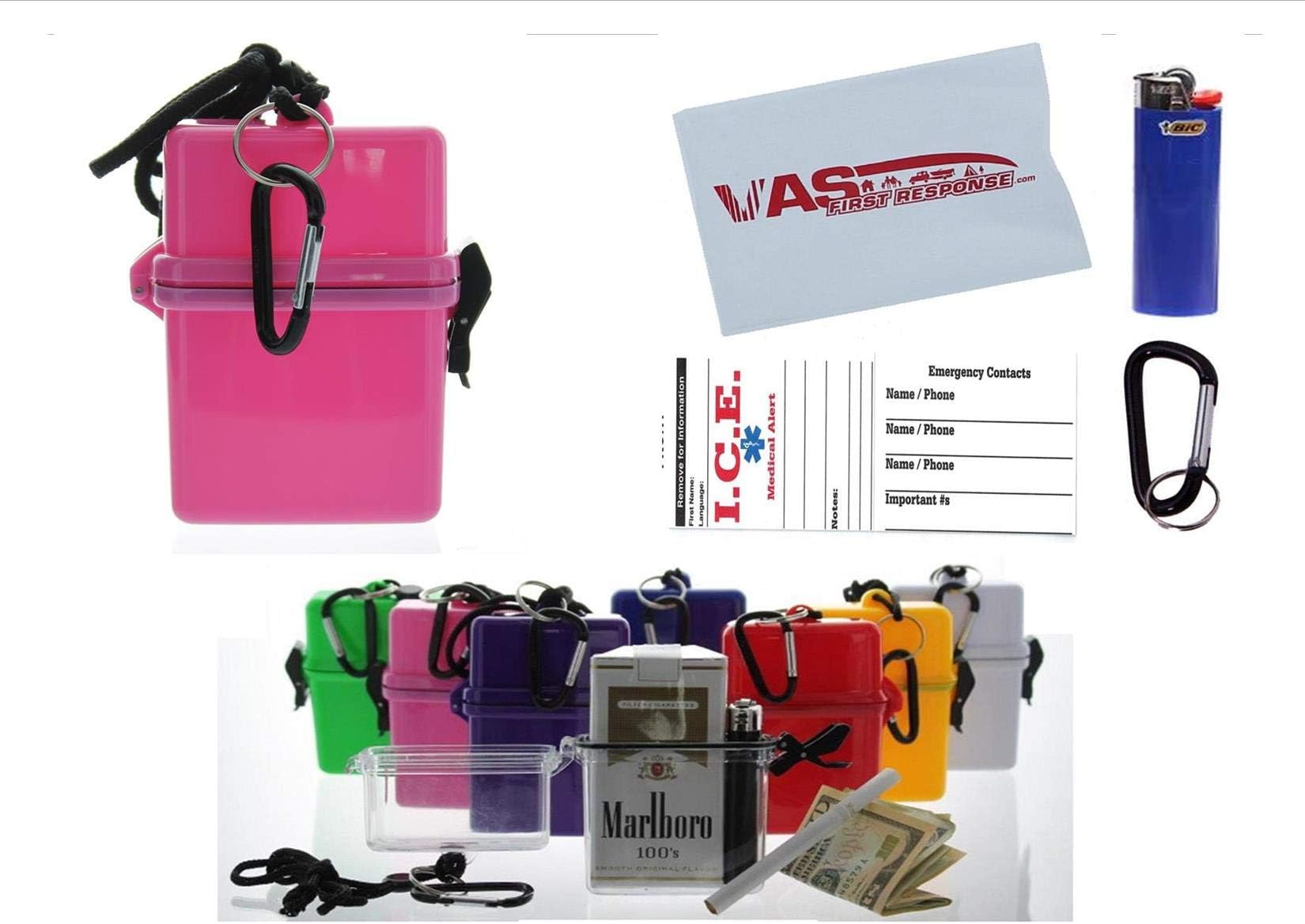 Pink Waterproof Cigarette Pack Case (Spills & Splashes), with BIC Lighter & Bonus RFID Protection Credit Card Sleeve! - Travel Beach Pool Boating & Camping Hard ABS Plastic Lanyard & Carabiner
