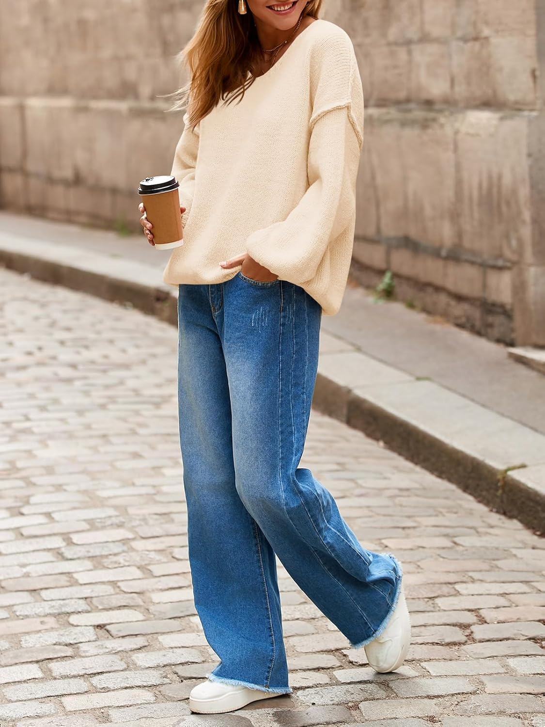 Saodimallsu Womens Oversized V Neck Sweaters Chunky Knit Lantern Long Sleeve Fall Winter Slouchy Tunic Sweater Tops - Image 6