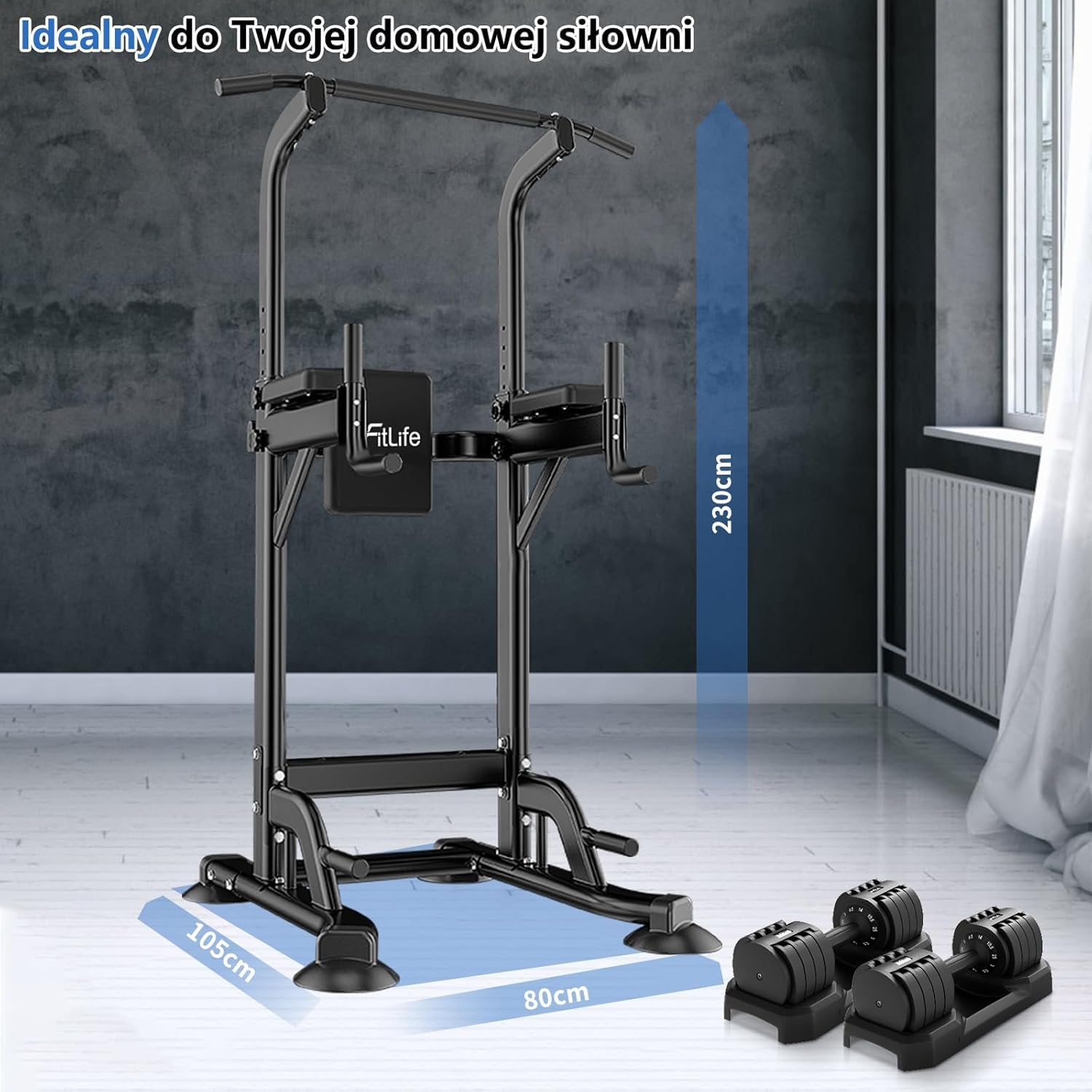 DH FitLife Power Tower Dip Station Sprzęt sportowy z drążkiem do podciągania, drążkami dip i plecami, stacją treningową, stacją fitness, rzymskim krzesłem kulturystycznym, Power Rack dla domu