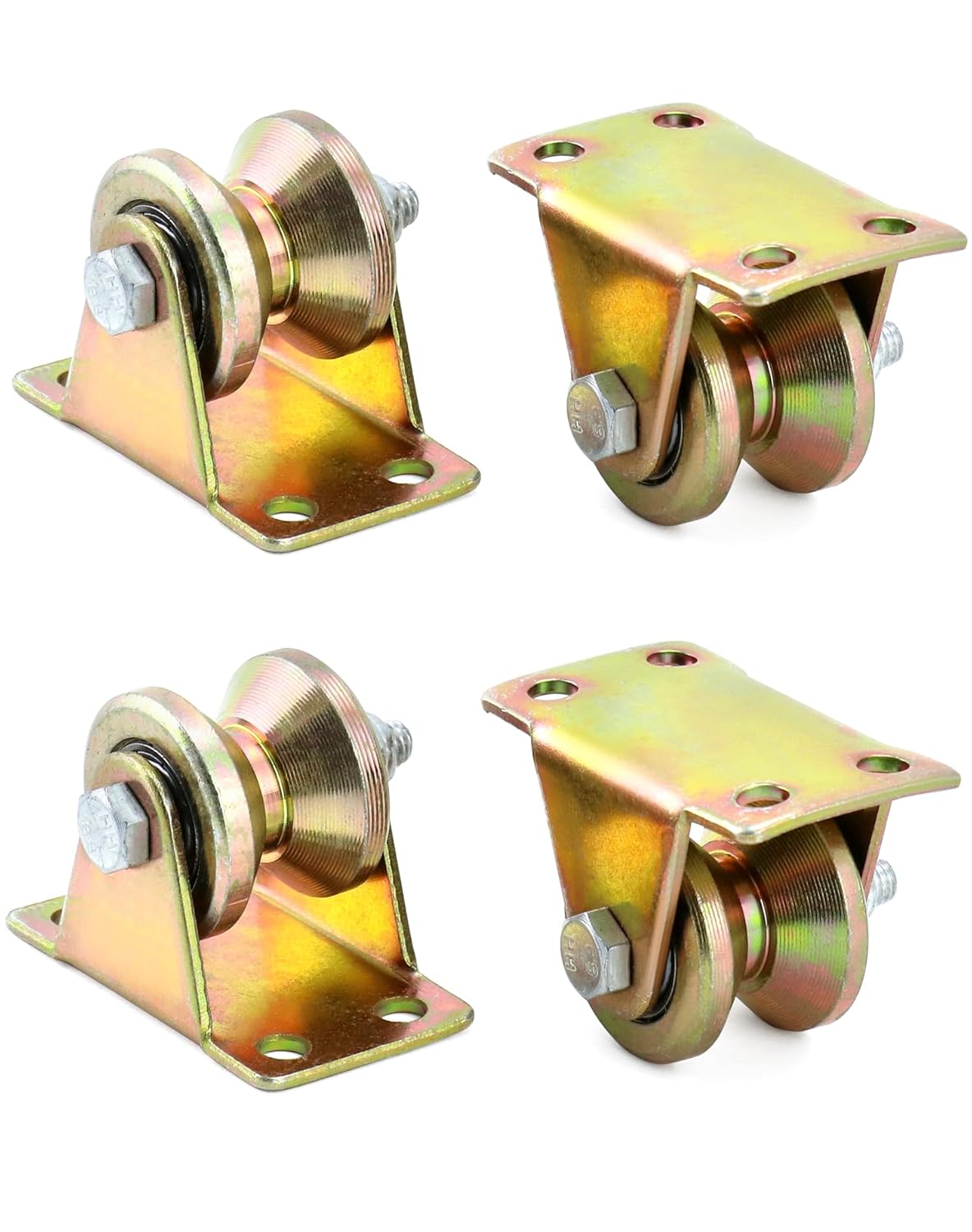 QWORK 1.2" Dia Steel Groove Rigid Caster Wheel, 4 Pack V Groove Wheel Sliding Gate Rollers, V-Shaped Bracket Roller, Load 440 lbs
