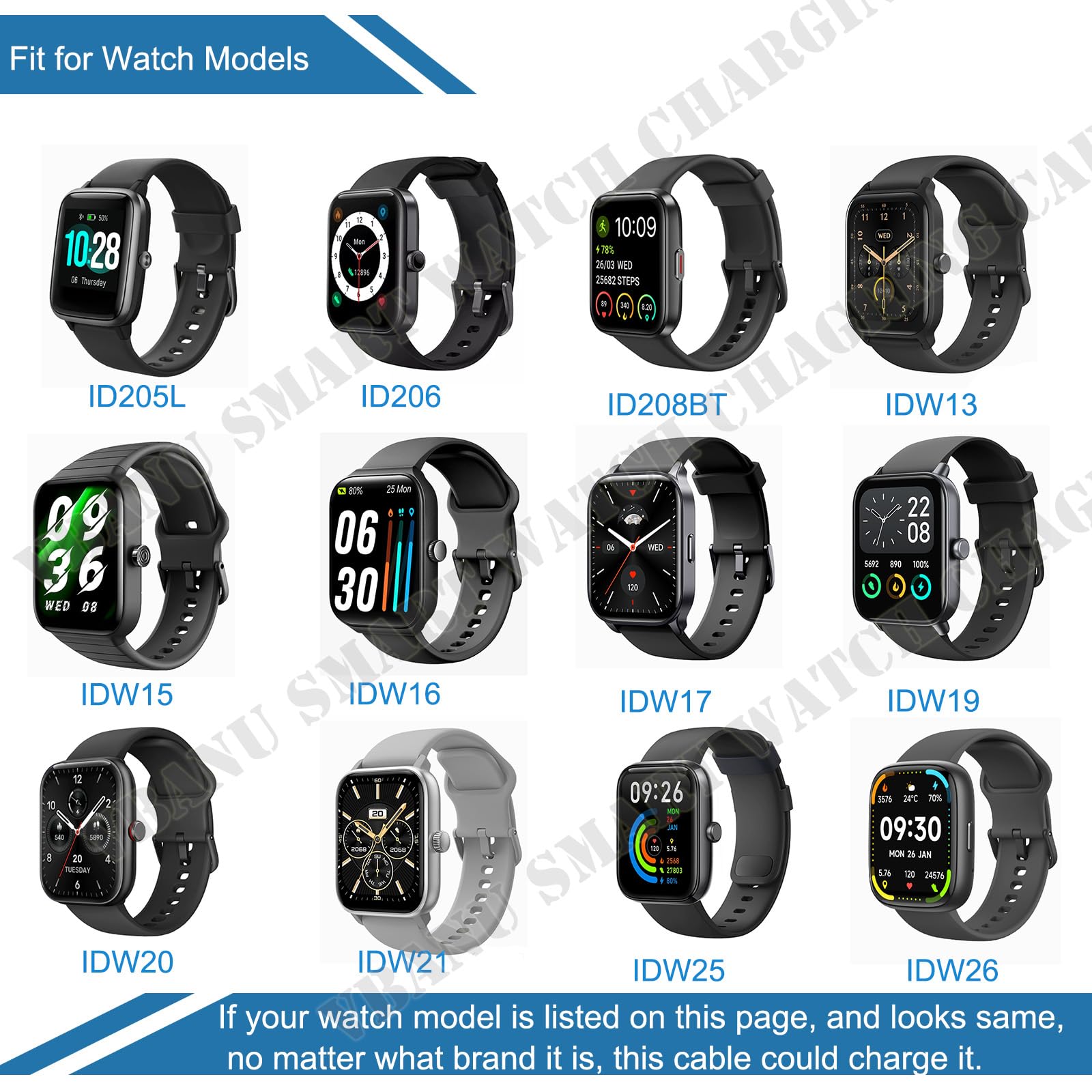 VeryFit - Cargador de reloj inteligente, apto para ID208, GTX20, IDW13/15/16/17, IDW19/20/25/26/28 y más, cable USB magnético de repuesto para carga rápida y fácil, 1 m, cable (ID)