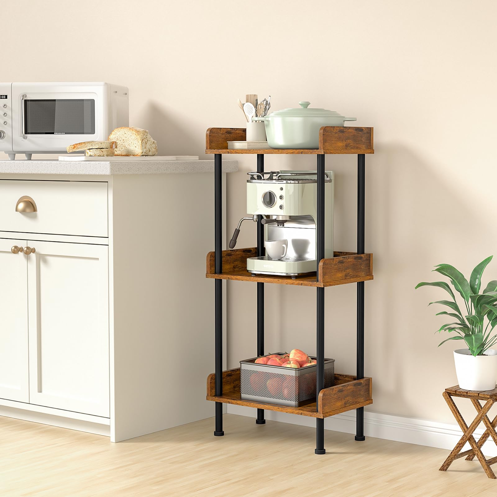 Suhu Bücherregal mit 3 Ebenen Küche Standregal Holzregale und Metallrahmen, Modernes Regal für Wohnzimmer Schlafzimmer Balkon Schwarz + Braun