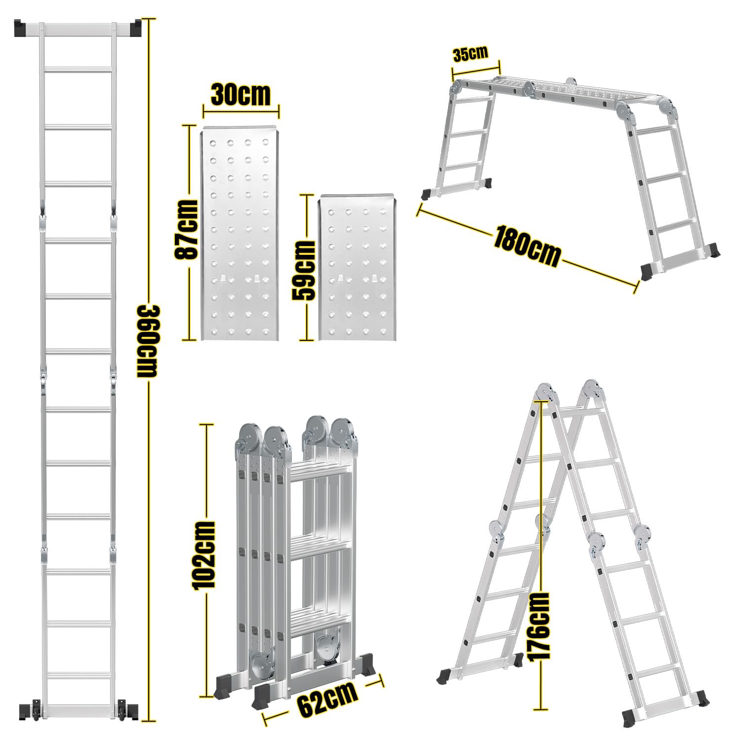 Scala multiuso pieghevole 3,6 m 4 x 3 m in alluminio, 7 in 1, multifunzione, per uso professionale, con 2 piastre ponteggio e 2 ruote, portata fino a 150 kg
