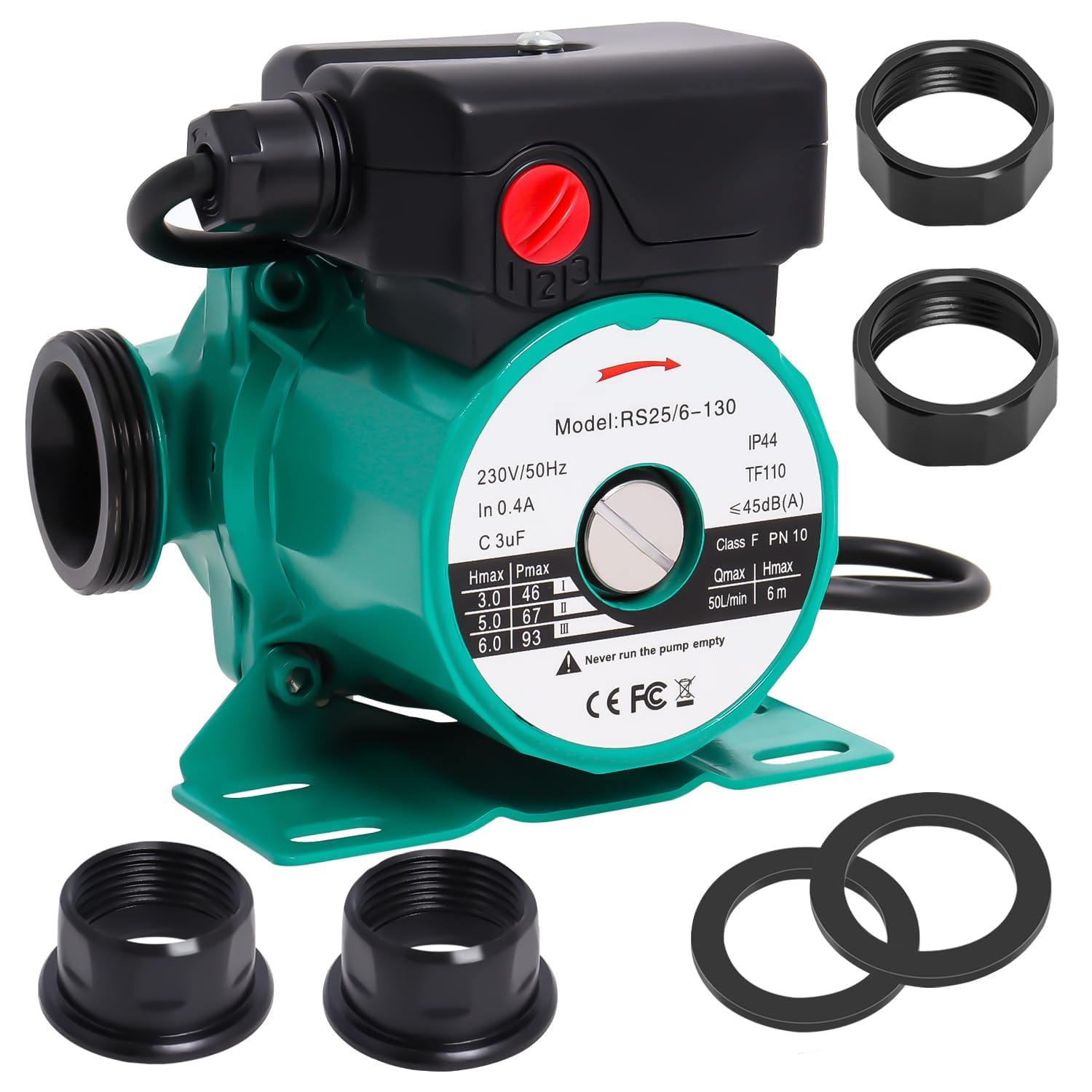 Bomba de Circulación de Agua Caliente RS25/6-130, RS25/6-1½" Bomba de Agua de Trasvase Doméstico, 46/67/93W Bomba de Refuerzo de Presión Poweka