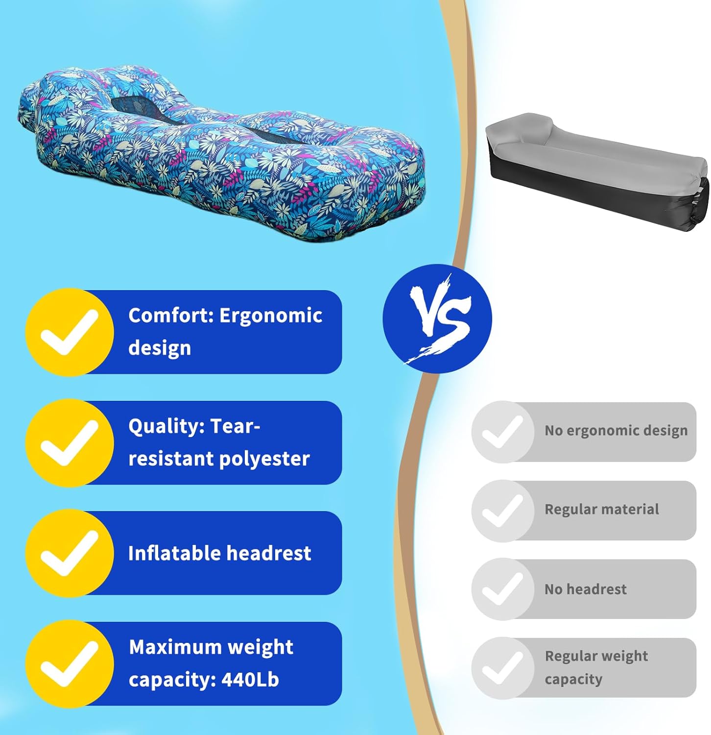 Inflatable Couch, Inflatable Lounger Air Sofa | No-Pump Blow Up Couch | Ergonomic Design, Air Couches Outdoor for Camping & Park & Beach, Upgrade Your Camping Accessories