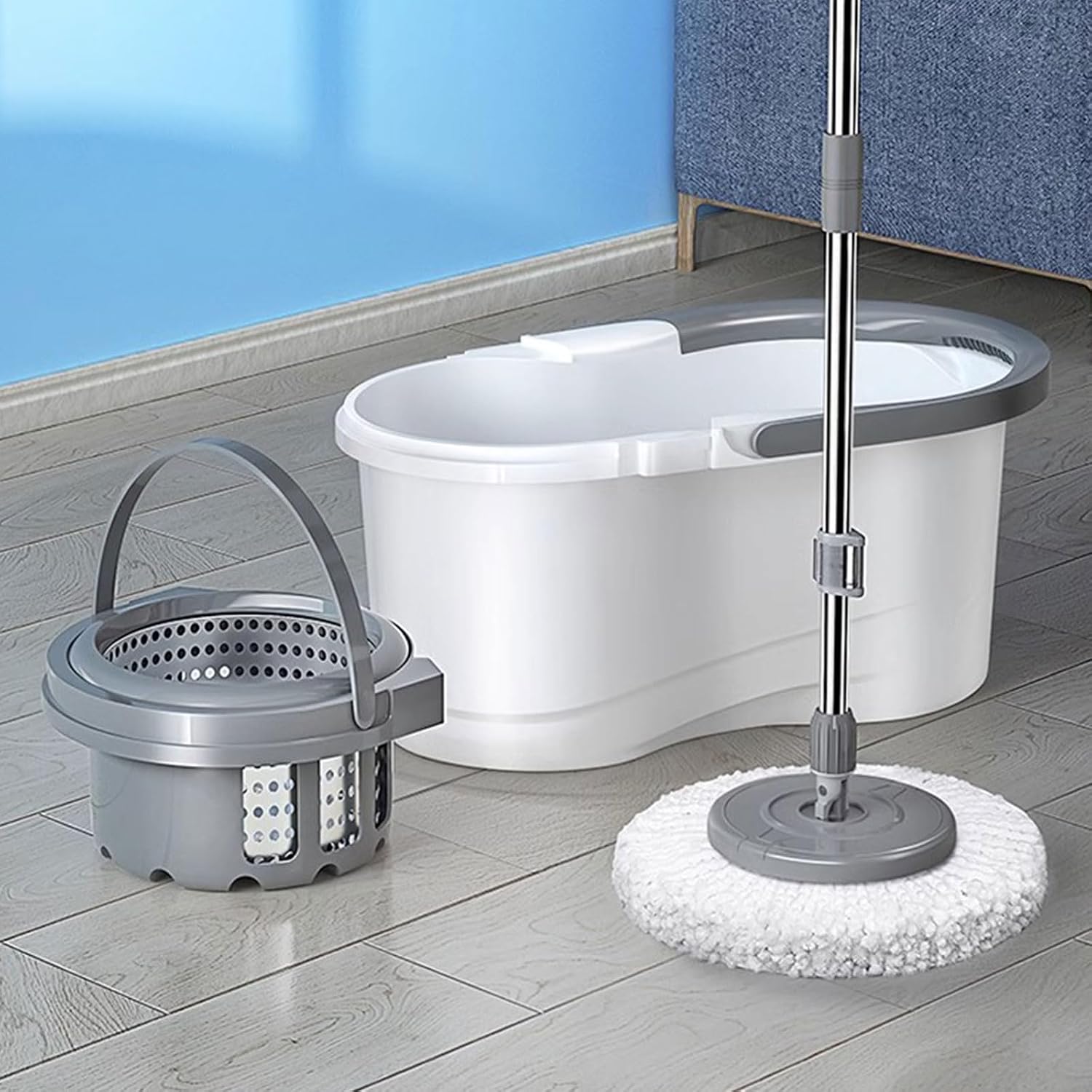 Spin Mop & Bucket with Wringer, 2 Microfiber Mop Heads, Stainless Steel Adjustable Handle for Hardwood Laminate Tile Floor Cleaning