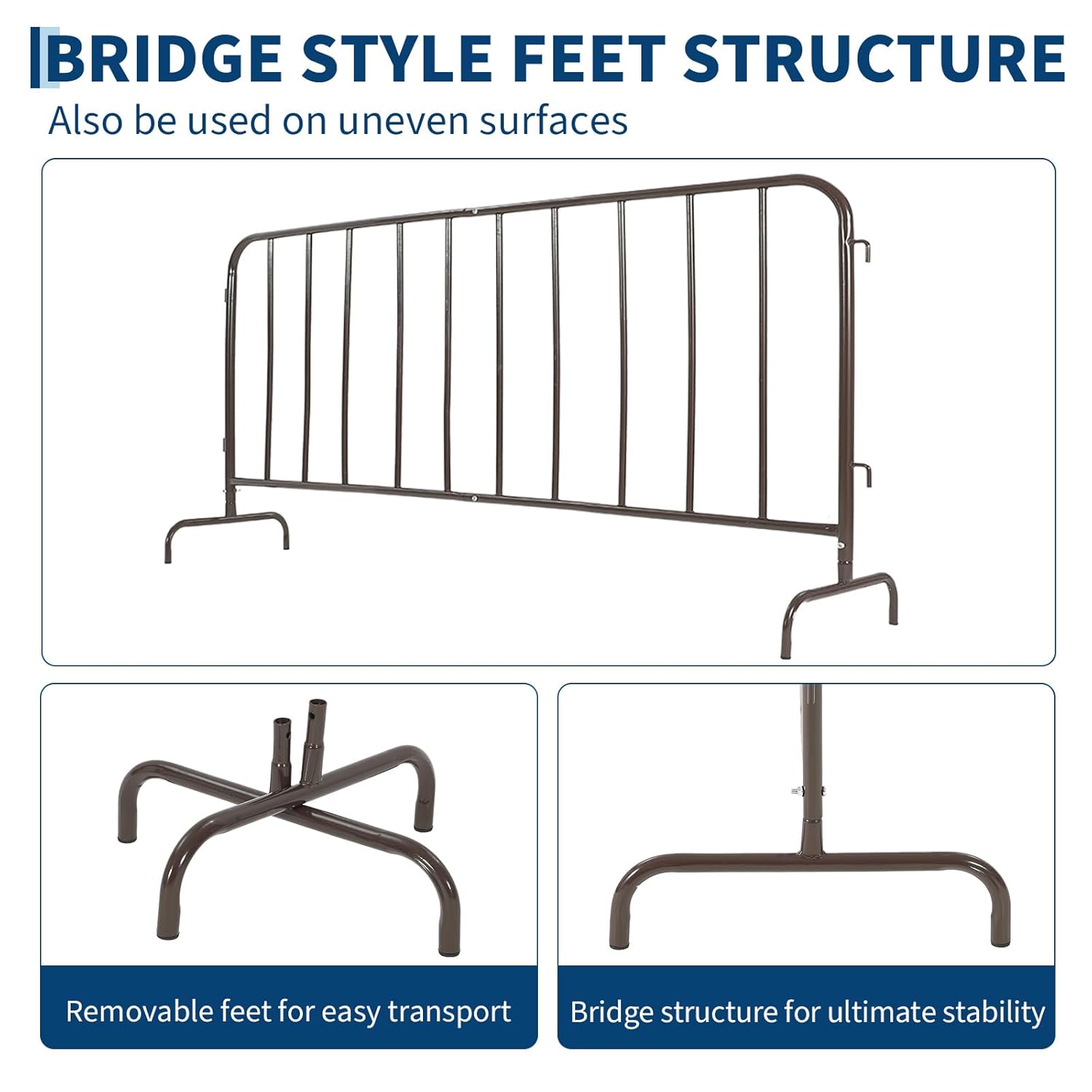 Interlocking Steel Barricade, 5.5 Ft. Heavy Duty Galvanized Metal Barricade, Interlocking Steel Road Barriers with with Bridge Feet Base, for Crowd Control Event Fencing Indoor/Outdoor, Brown