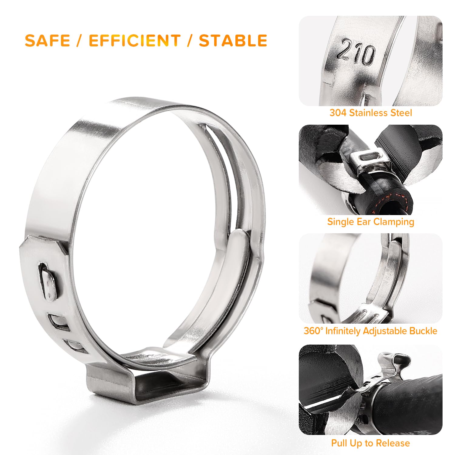 Lyeteung 60 PCS 6 Sizes 6.8-25.6 mm Single Ear Hose Clamps Kit, Stainless Steel Single Ear Stepless Hose Clamps - Image 3