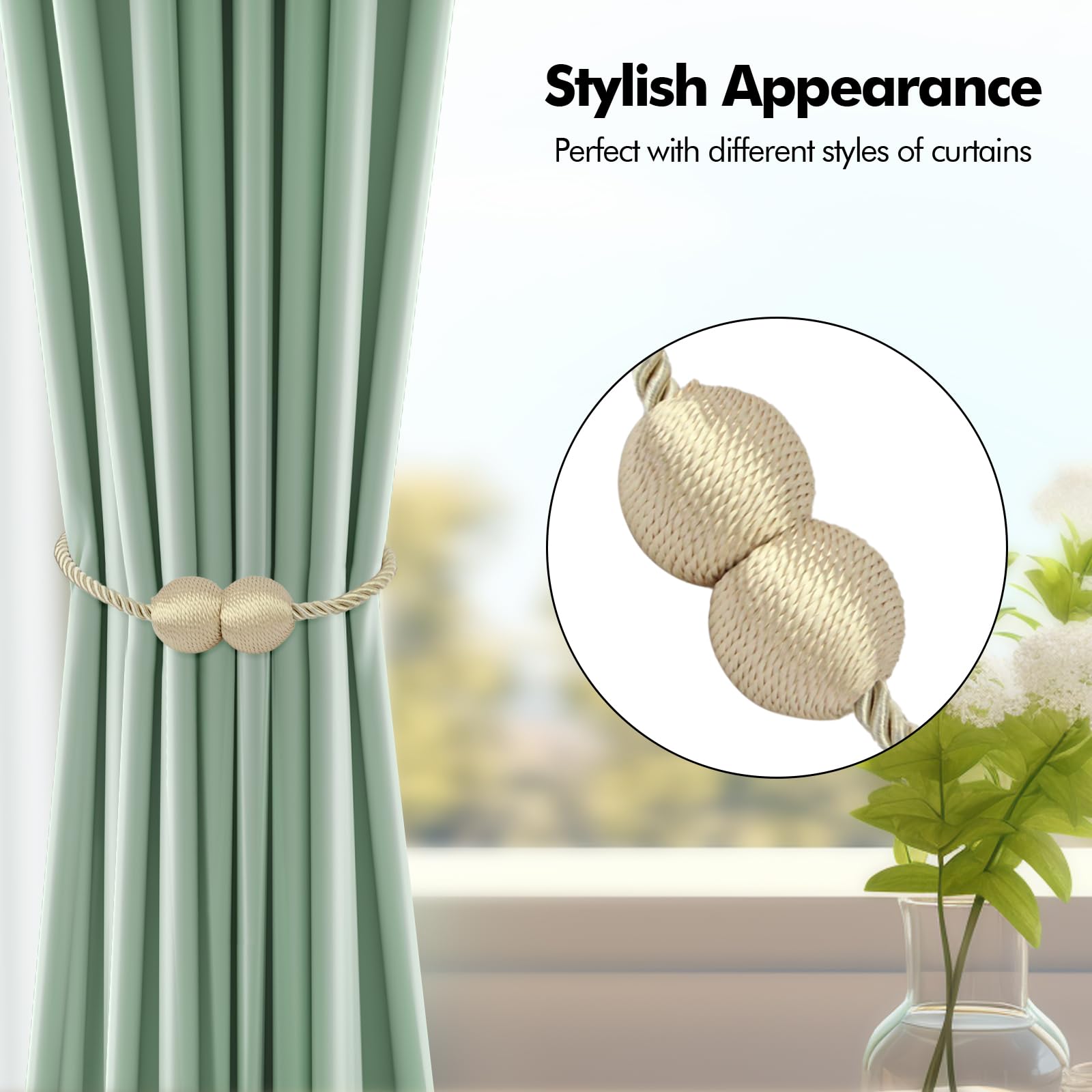 Lunhoo 2 Pack Magnetic Curtain Tiebacks, Curtain Holdbacks, Curtain Ties for Home Bedroom Office Decorative (Beige) - Image 2