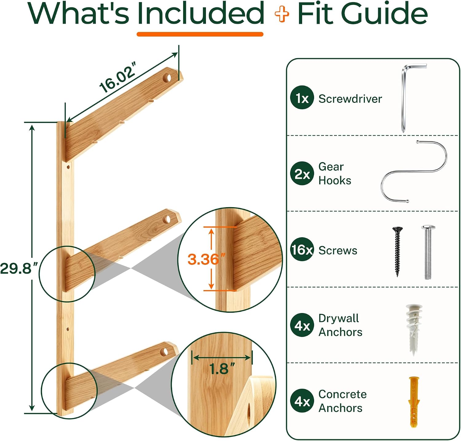 Solid Wood 3-Tier Surfboard Wall Rack, Holds 3 Boards Up to 60 lbs, Heavy Duty Wall Mount Storage for Longboard Shortboard Foam Board, Garage & Home Display, Natural Finish