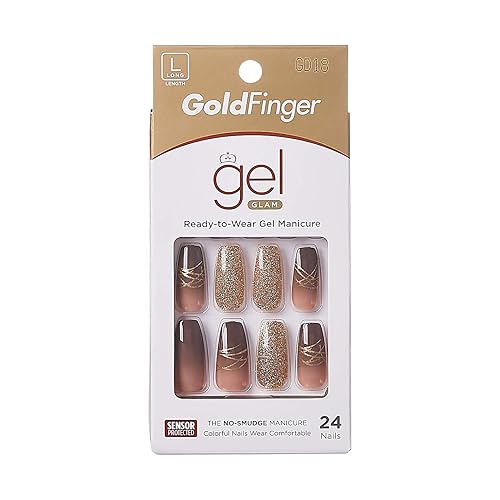 Miniatura 2 de Gold Finger Gel Glam - Kit de uñas de gel con diseño, uñas adhesivas a presión, manicura sin esmalte, longitud larga (GD18)
