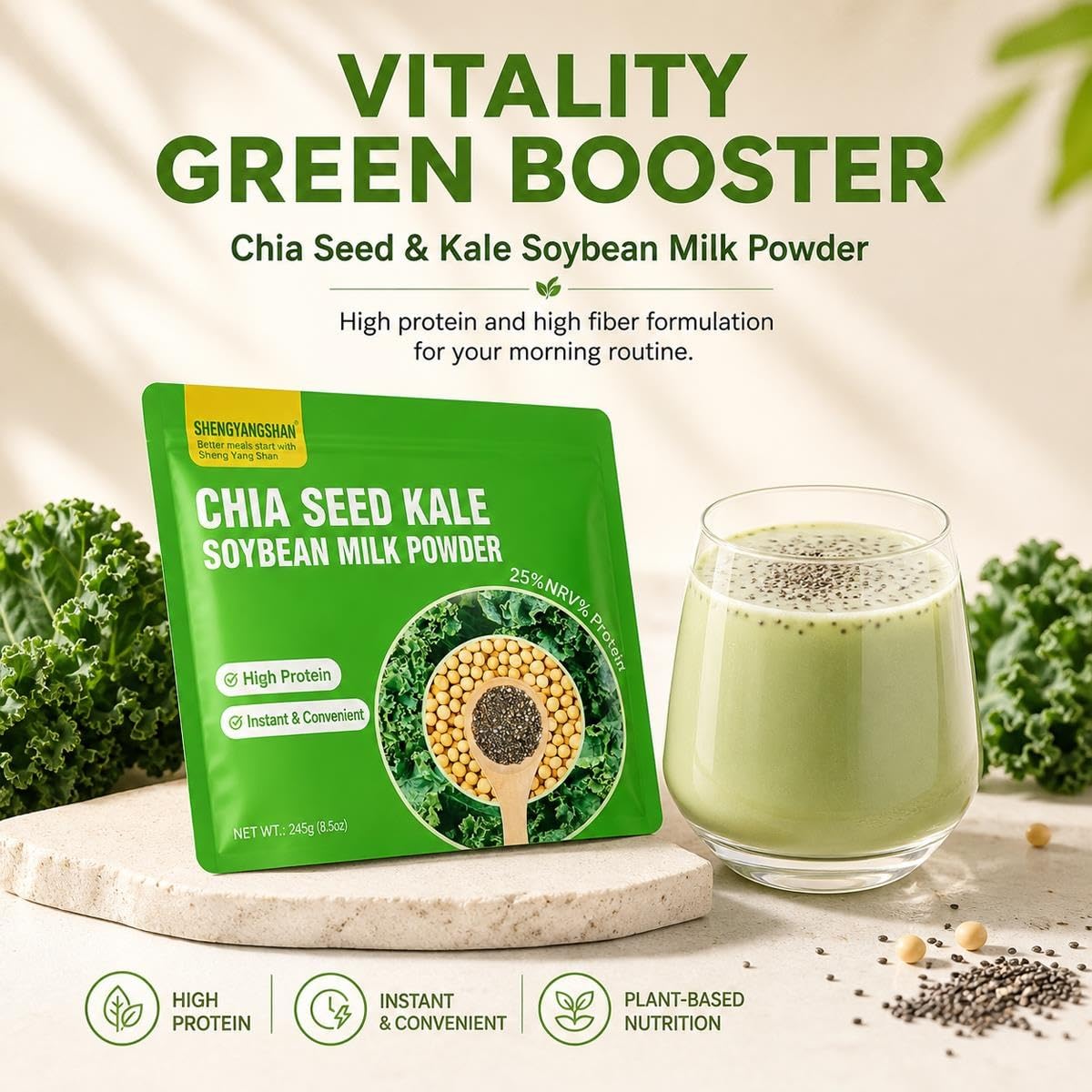 Bevanda Di Soia Con Kale E Chia, Polvere Con Ceci Per Colazione, 245g