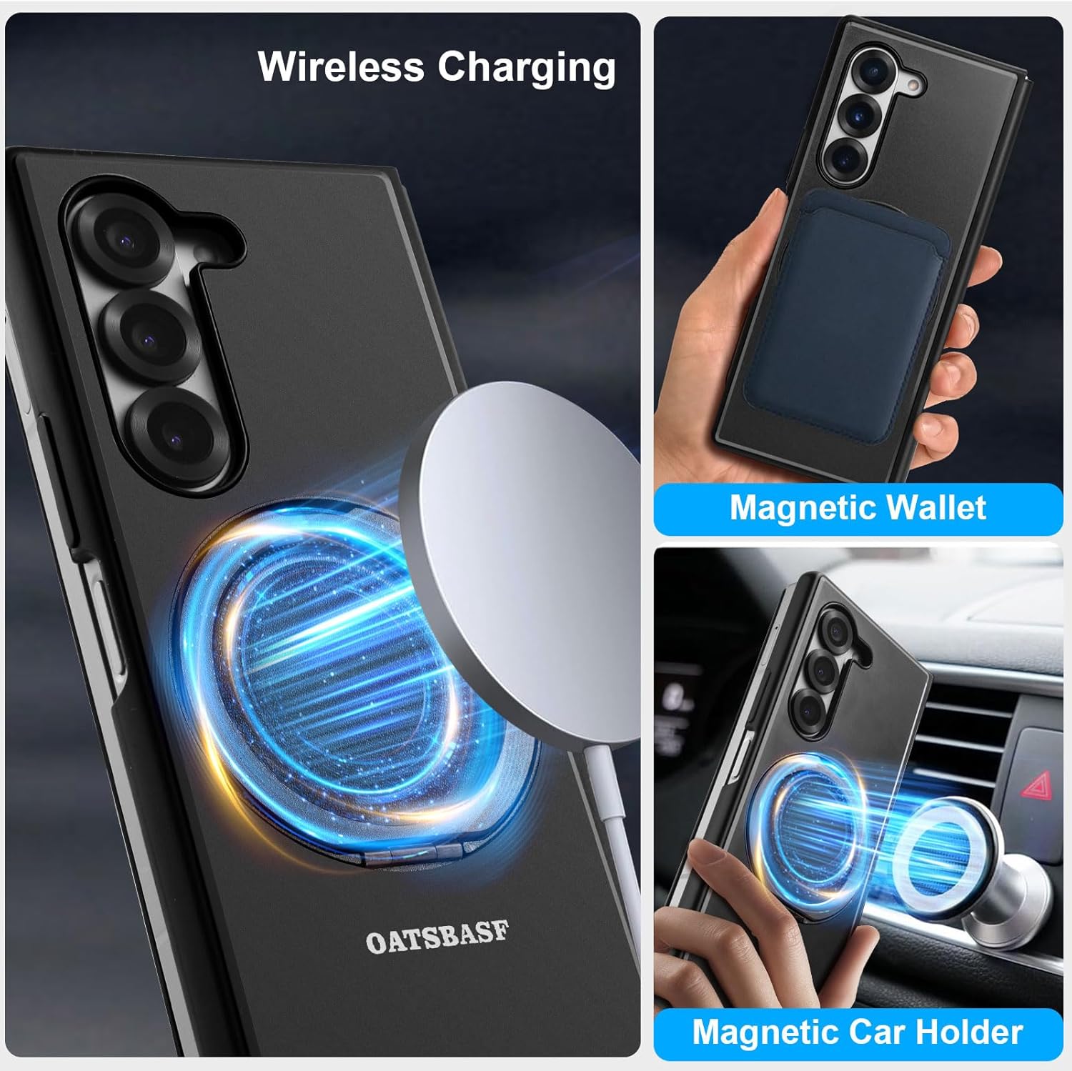 Case for Samsung Galaxy Z Fold 6,with MagSafe 360°Rotatable Magnetic Kickstand,Leather+Aluminum Metal Full Body Flip Phone Cover,Military Shockproof Grade Drop Proof for Galaxy Z Fold6(Black)