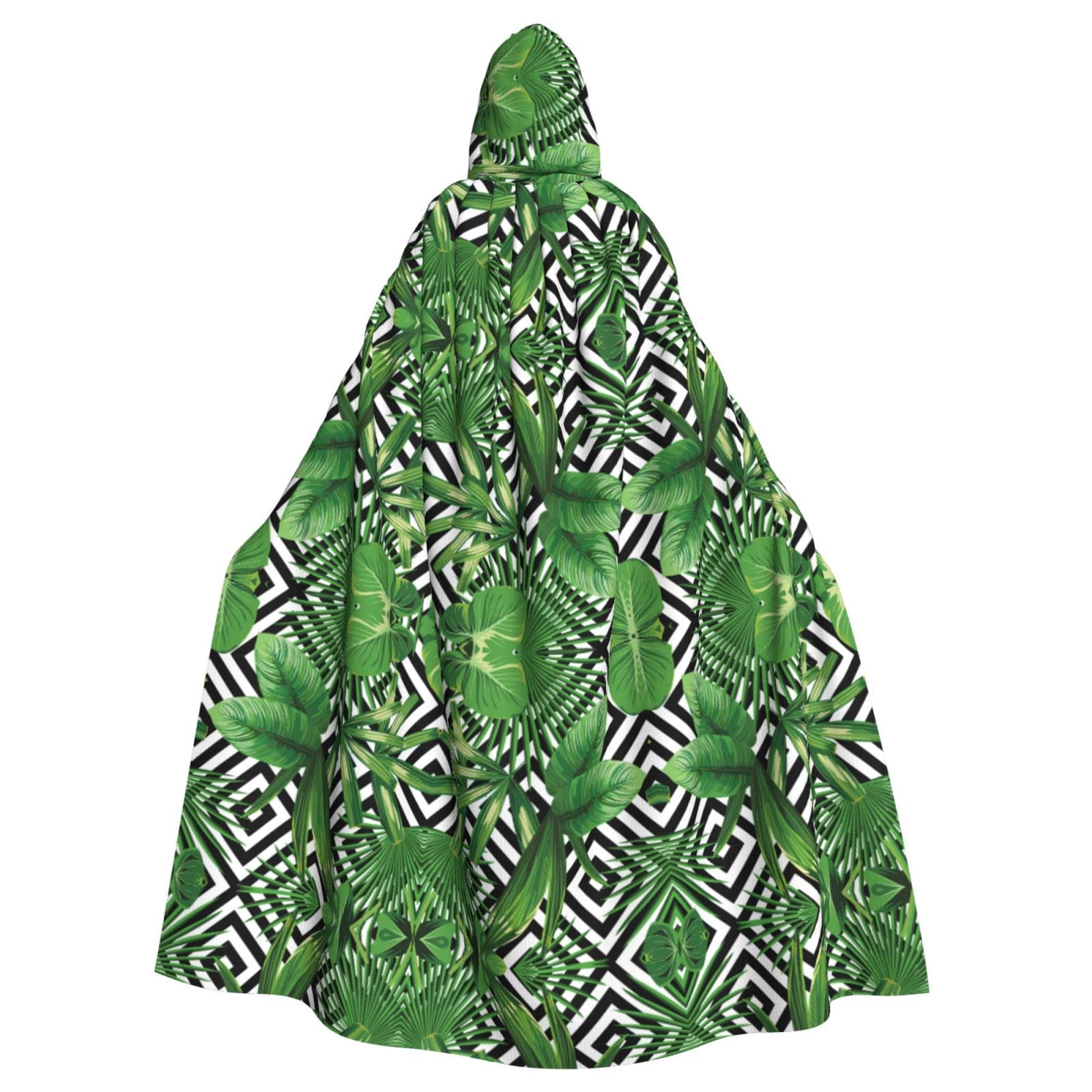 Green Leaves Of Palm Tree Tropical Plant Print Hooded Cloak For Halloween Christmas Cosplay Costume Masquerade