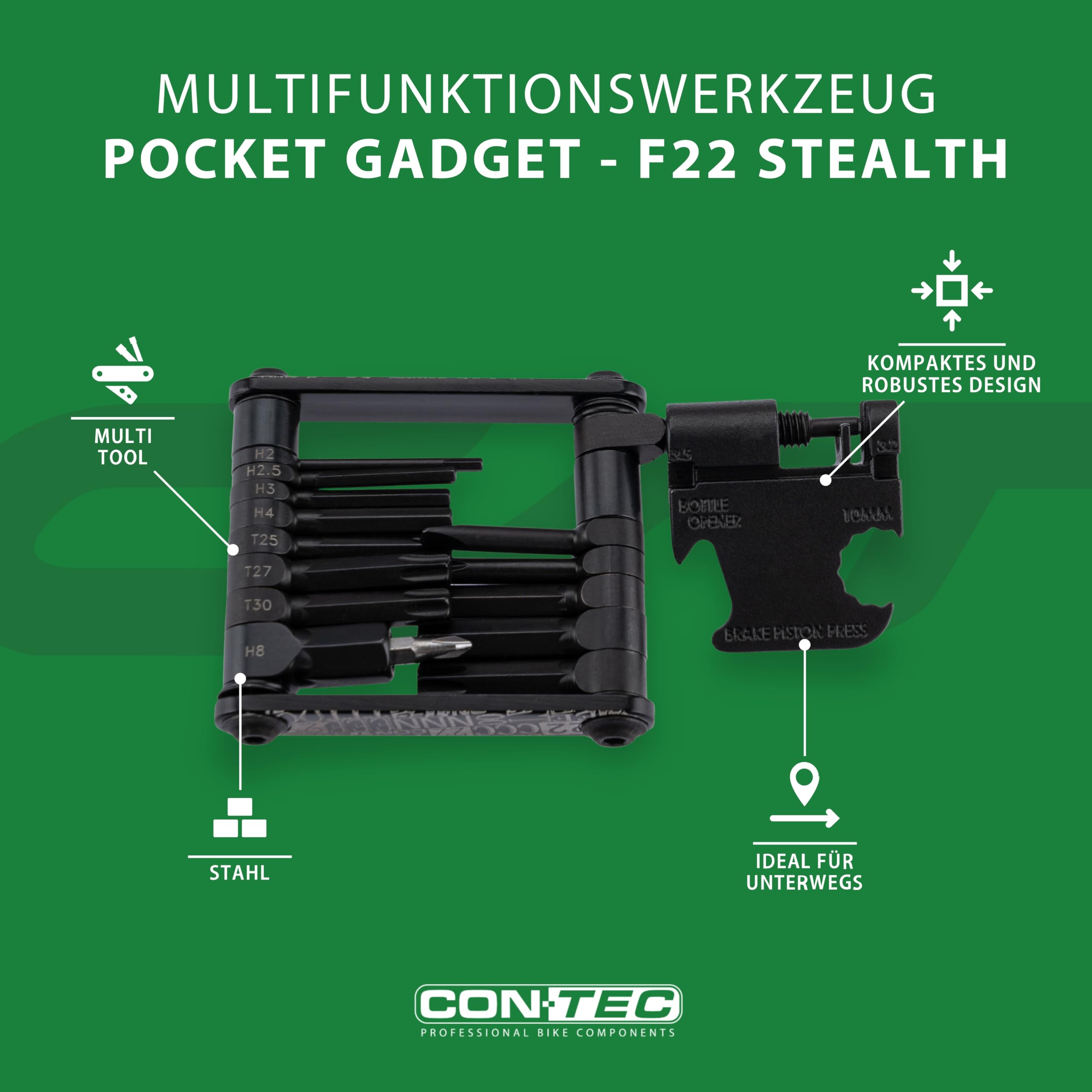 CONTEC Fahrrad-Multitool Pocket Gadget - F22 Stealth, 22 in 1, Multifunktionswerkzeug, Reparatur Set, Mini-Tool, Multi-Purpose, Innensechskant, leicht