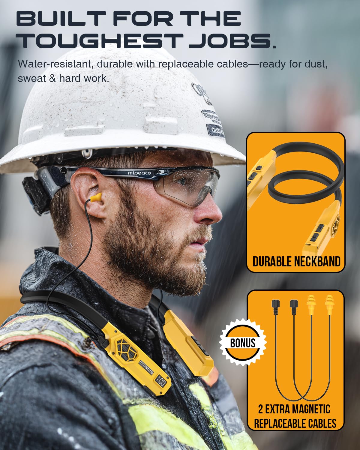 MIPEACE Casque Bluetooth tour de cou, 2 en 1 autour du cou, écouteurs de travail approuvés par l'OSHA avec haut-parleurs intégrés, ENC, plus de 100 heures de lecture, 4 modes d'égalisation pour la