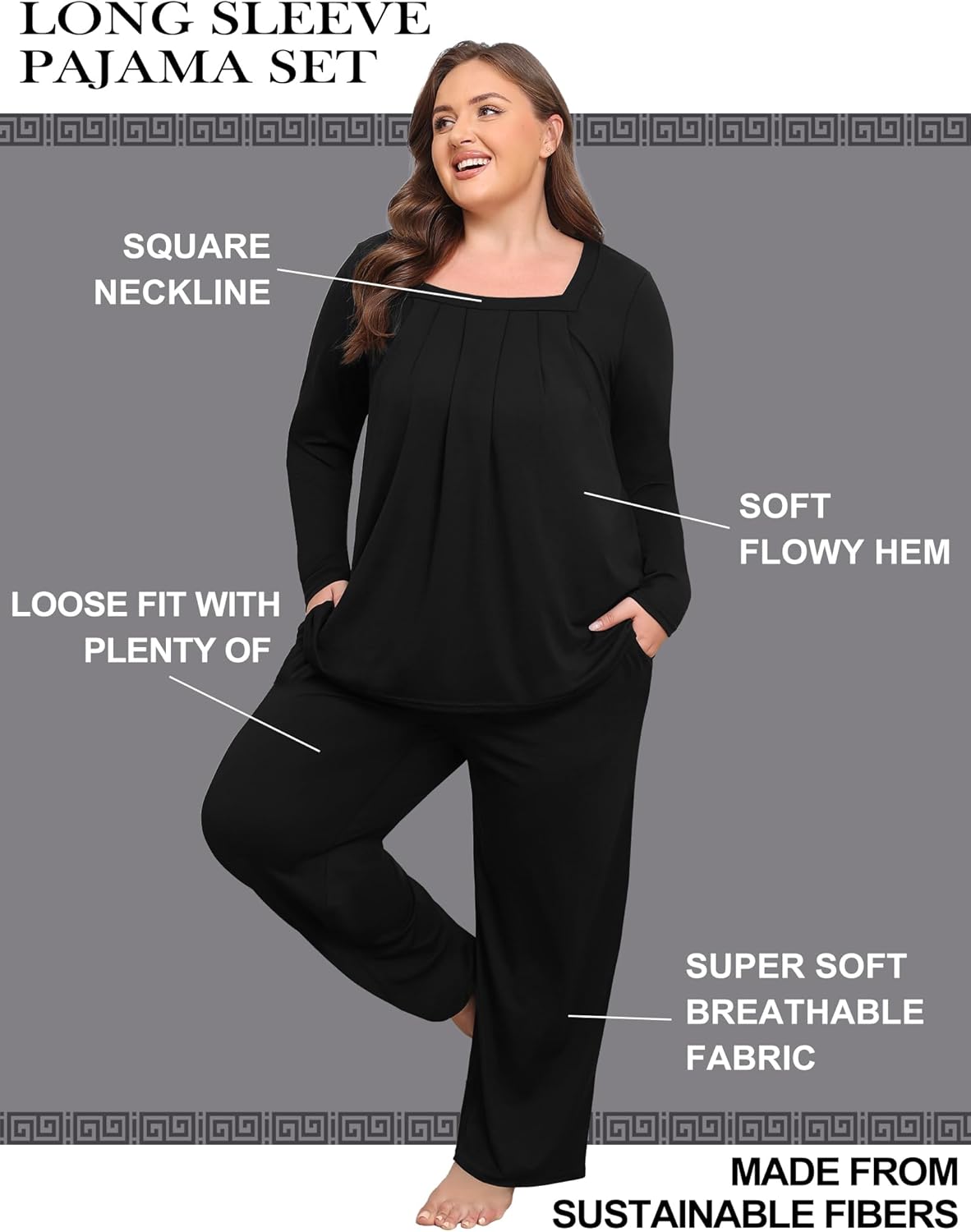 FOREYOND Plus Size Pajama Sets For Women 2 Piece Long Sleeve Square Neck Lounge Sets Soft Sleepwear 1XL-6XL - Image 3