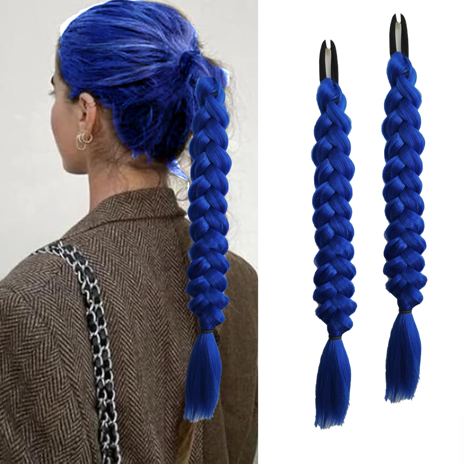 2 packs Braided Hair Extension for black women Straight Wrap Around Ponytail Braided Extensions pre Stretched (blue)