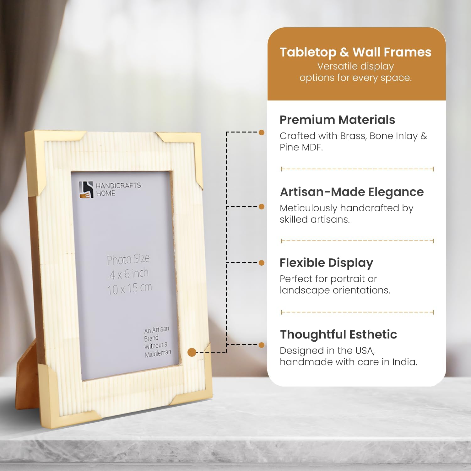 Handicrafts Home White 4 by 6 Picture Frames for Wall Hanging And Tabletop Display, Handmade Bone Inlay & Brass 4x6 Photo Frame, Vintage Modern Frame for Home & Office Decor, Desk, Shelf, Gallery Wall, Farmhouse, Office & Luxury Gift - Deluxe Carta Collection
