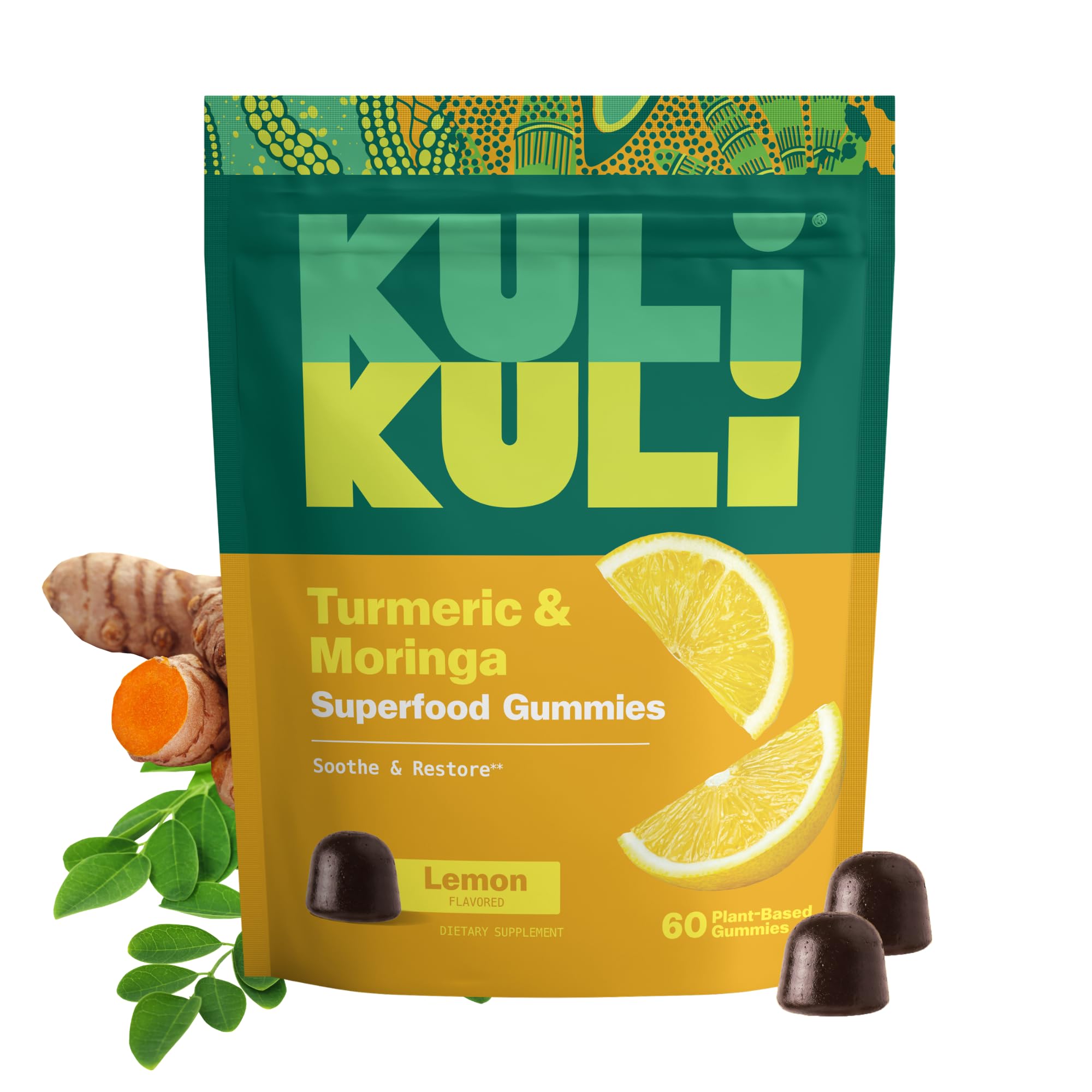 Kuli Kuli Moringa & Turmeric Supplement Gummies Soothe & Restore Lemon 60ct