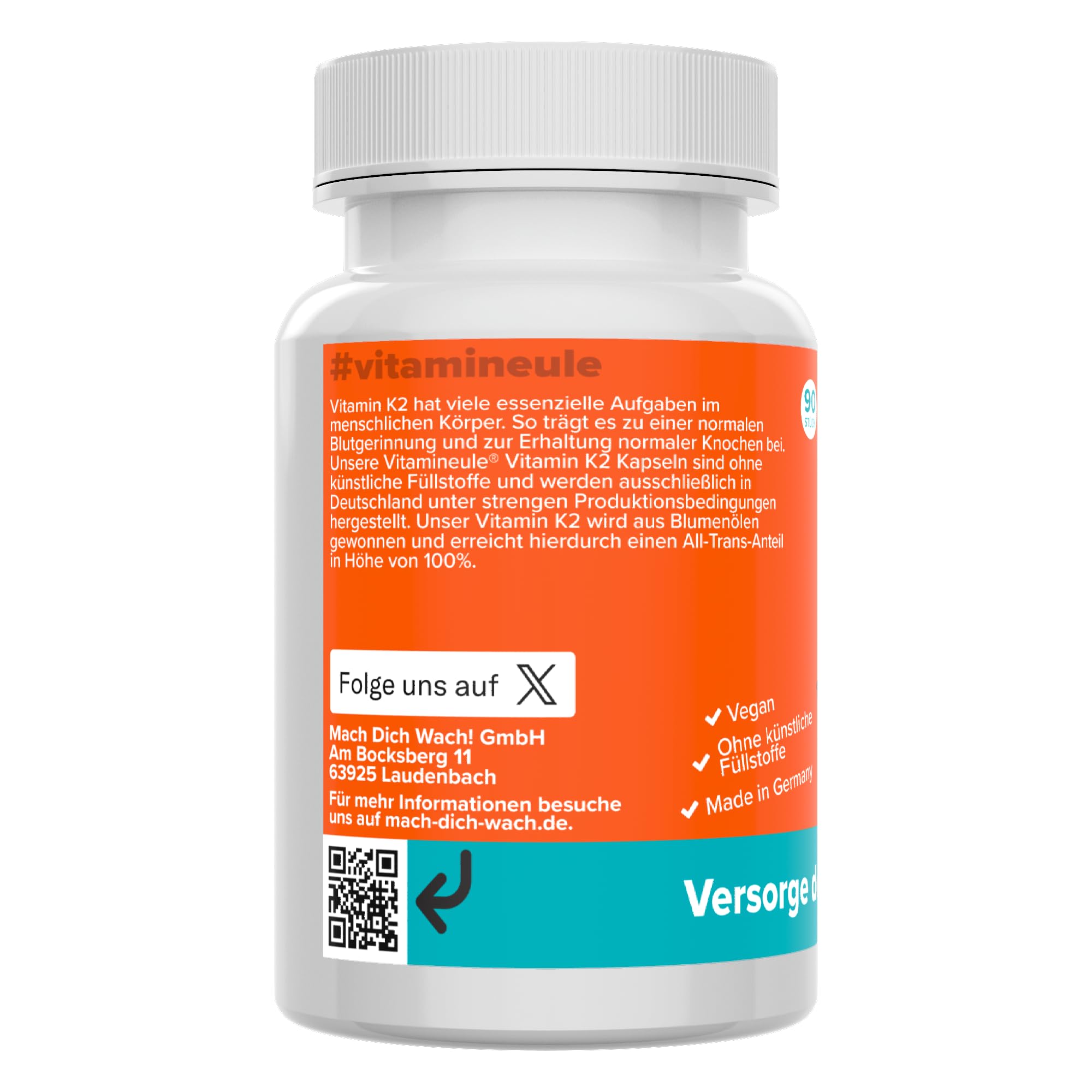 Vitamin K2 Kapseln - hochdosiert 200 µg MK7 All-Trans - bioaktiv & vegan - Produktion in Deutschland - laborgeprüft - ohne Zusatzstoffe & Soja - kleine Kapseln statt Tropfen - Vitamineule®
